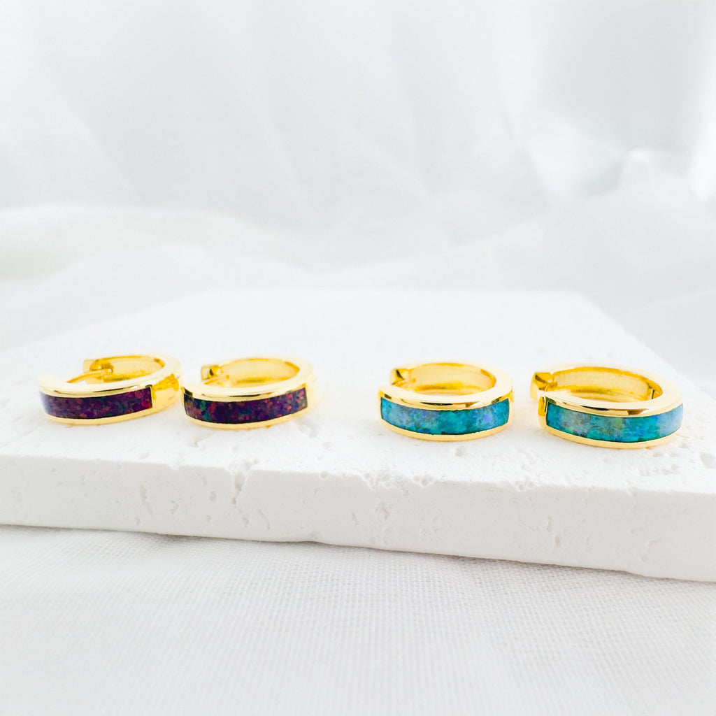Opal Huggie Hoop Earrings: 18K Gold Sterling Silver Inlay