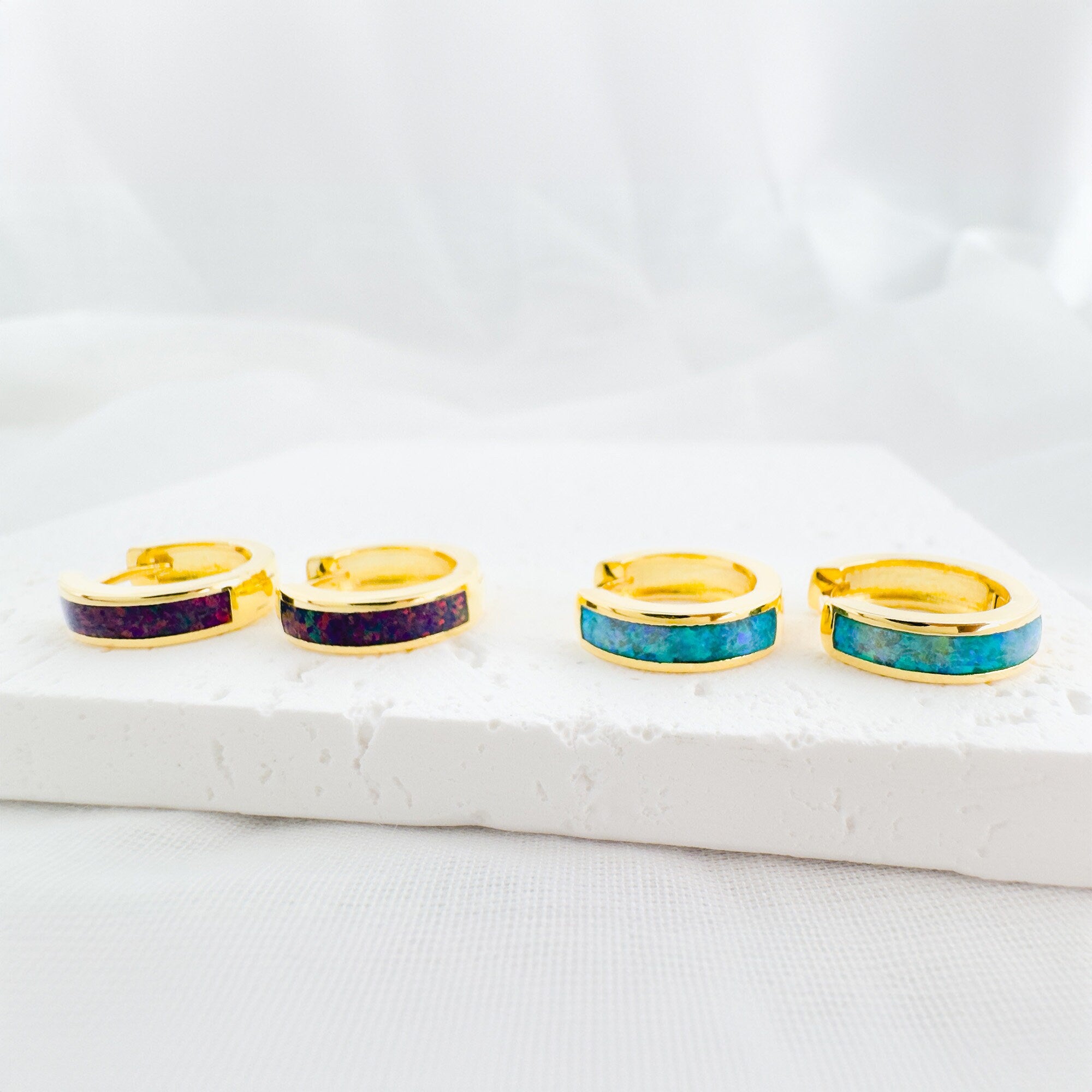 Opal Huggie Hoop Earrings: 18K Gold Sterling Silver Inlay