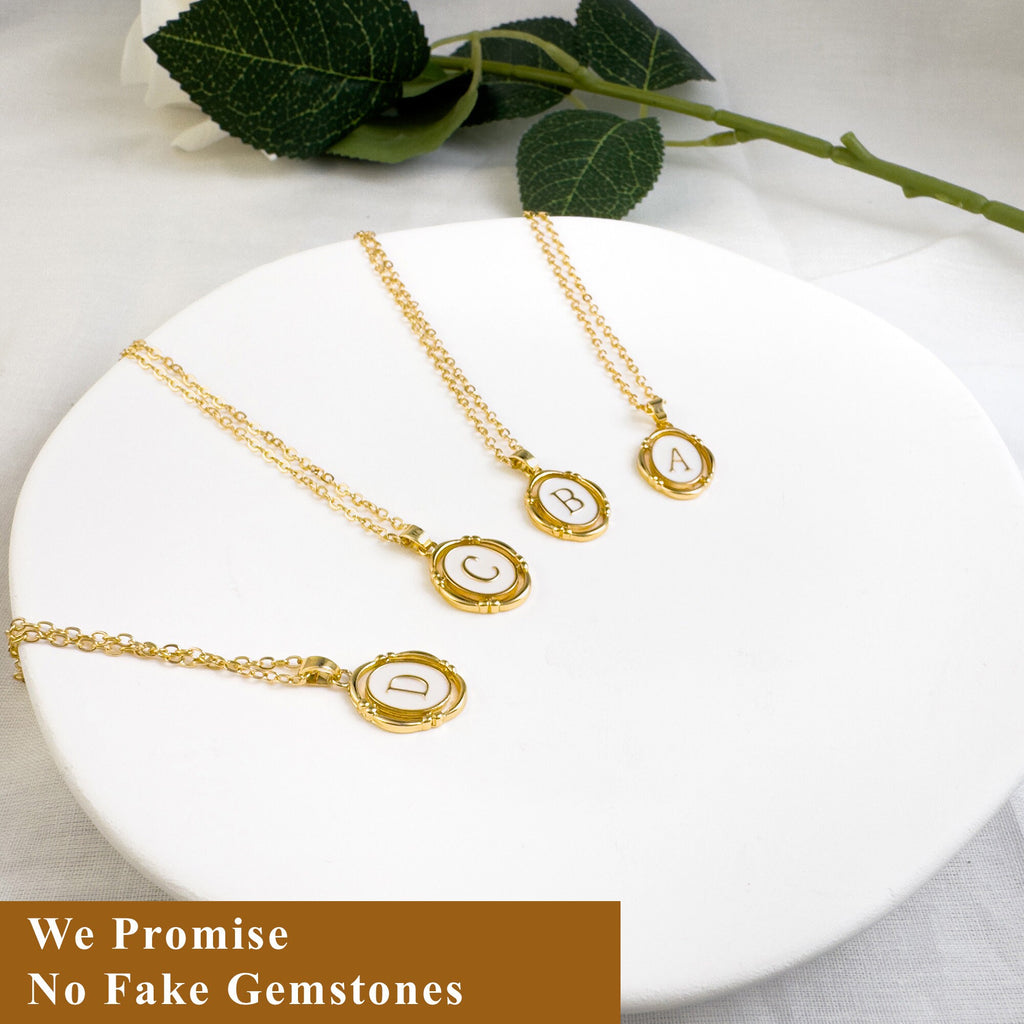 Dainty Initial Signet Pendant Necklace , 18K Gold Plated onalized Monogram Name Tiny Oval Letter Necklace White Enamel & Gold Charm Necklace