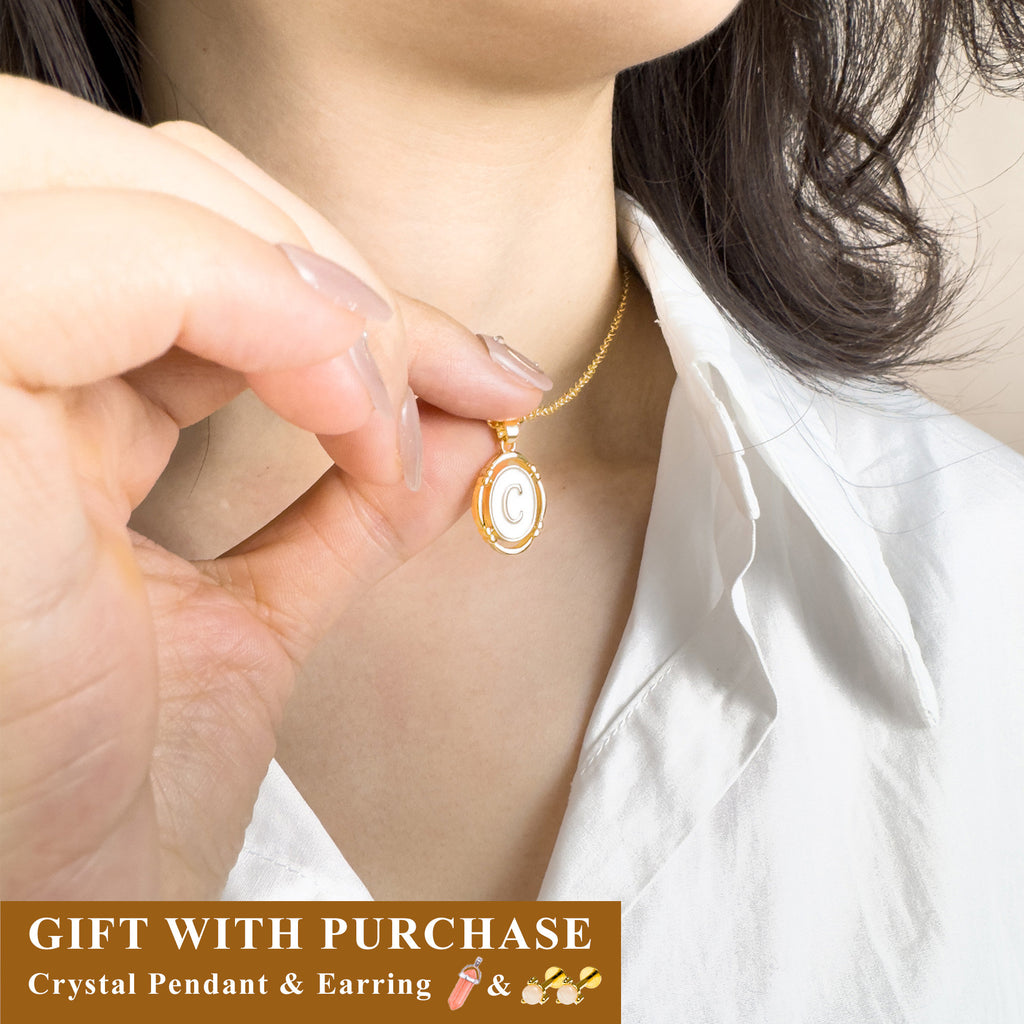 Dainty Initial Signet Pendant Necklace , 18K Gold Plated onalized Monogram Name Tiny Oval Letter Necklace White Enamel & Gold Charm Necklace