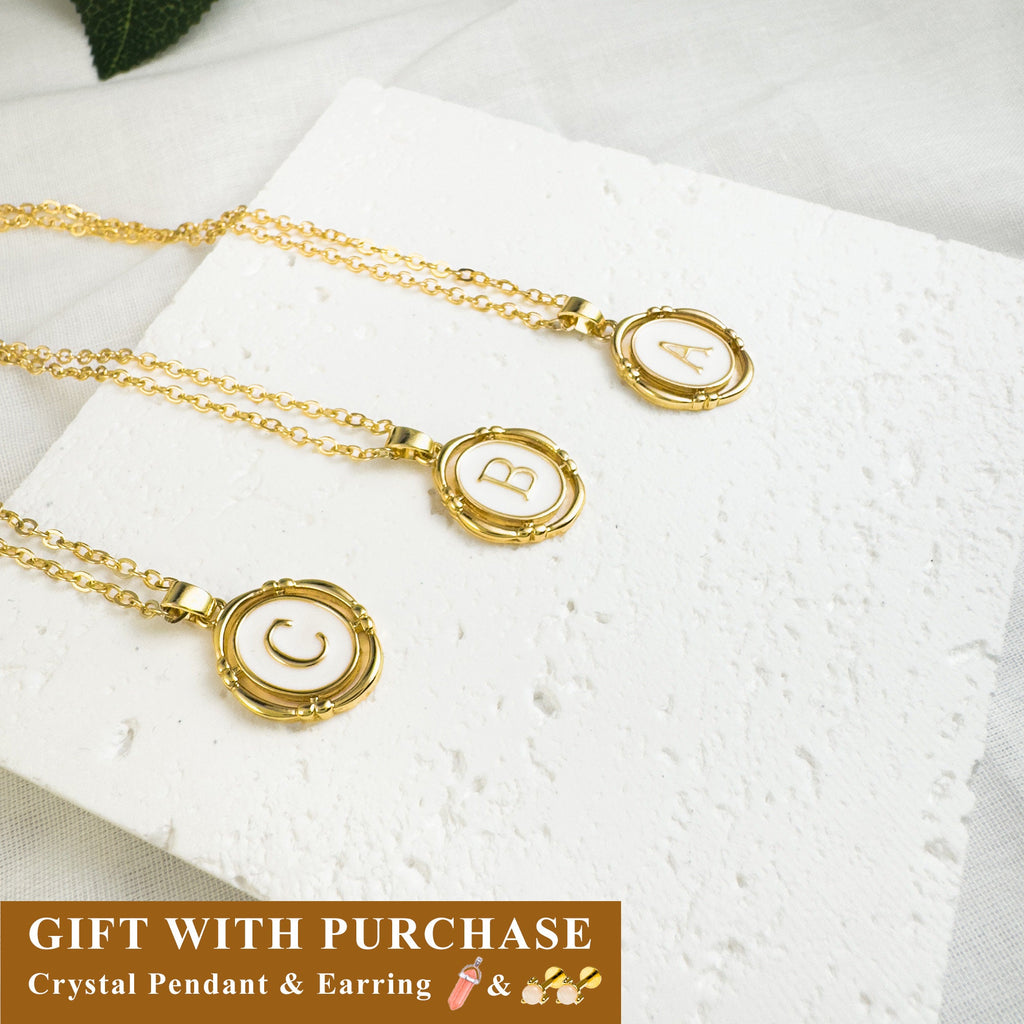 Dainty Initial Signet Pendant Necklace , 18K Gold Plated onalized Monogram Name Tiny Oval Letter Necklace White Enamel & Gold Charm Necklace