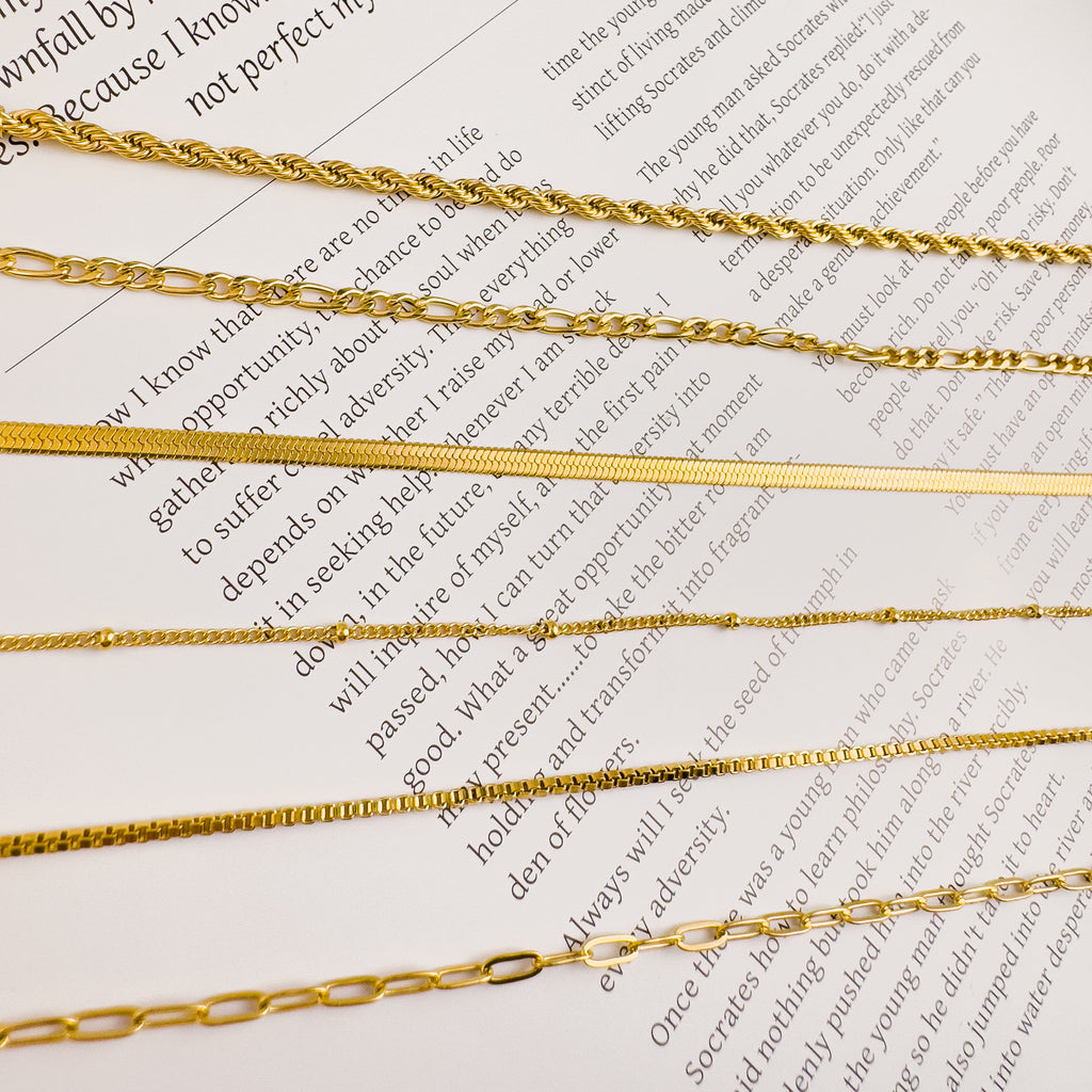 Dainty 18K Gold Plated Bracelet Chains: Figaro, Box, Herringbone, Rope - Set of 6