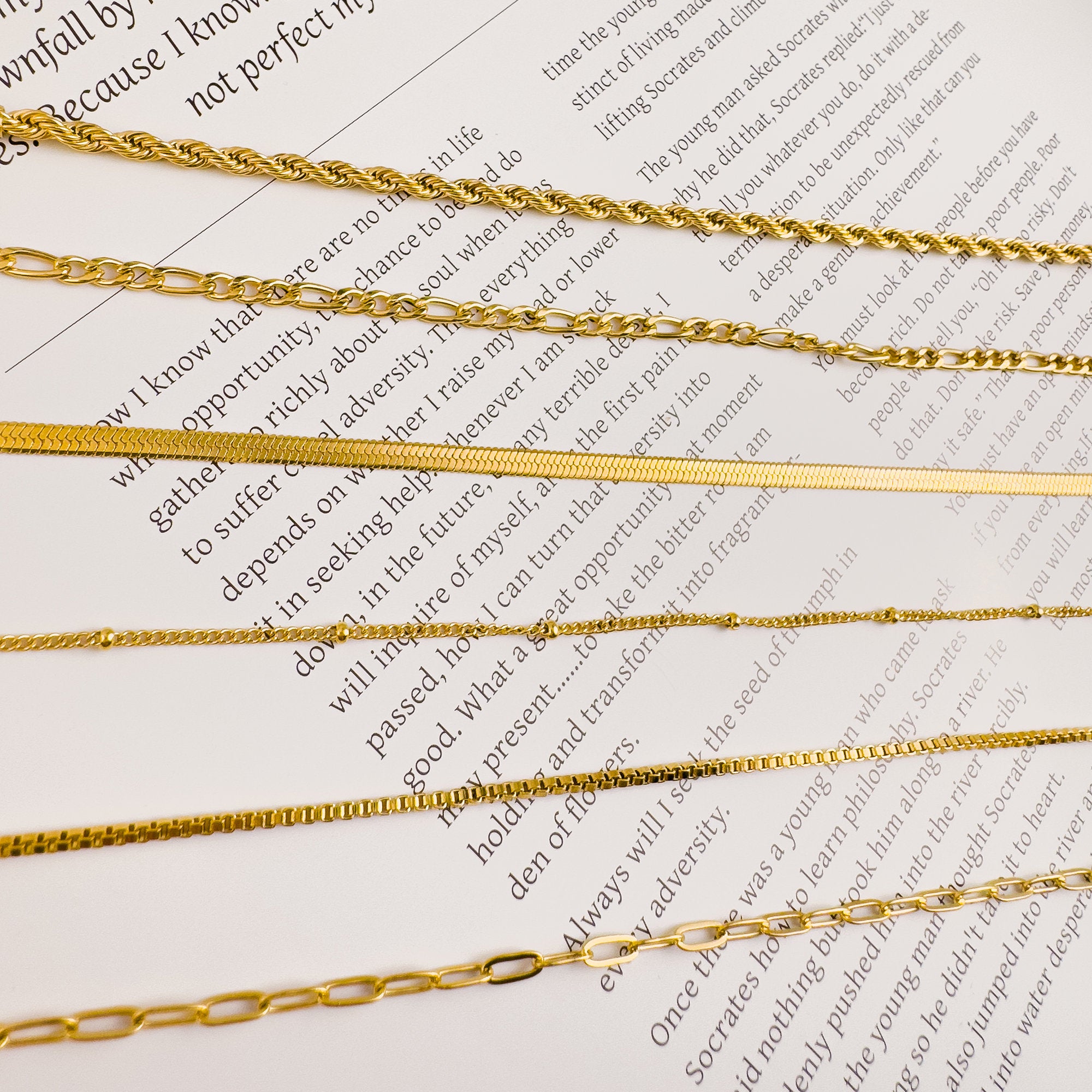 Dainty 18K Gold Plated Bracelet Chains: Figaro, Box, Herringbone, Rope - Set of 6