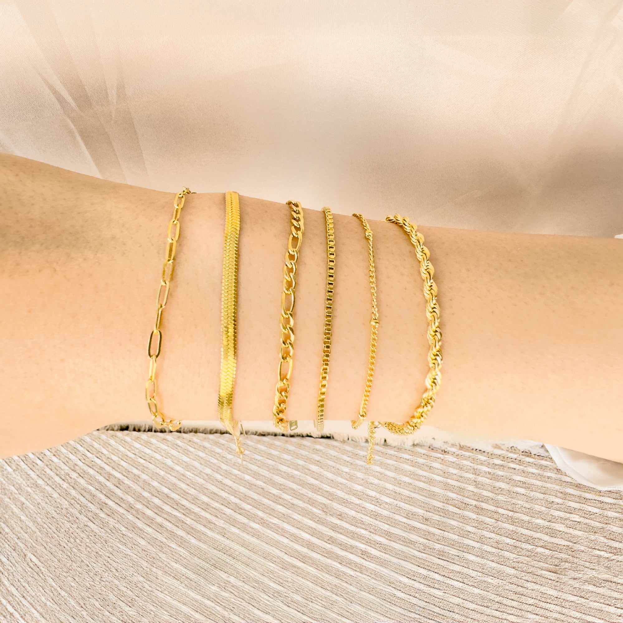 Dainty 18K Gold Plated Bracelet Chains: Figaro, Box, Herringbone, Rope - Set of 6