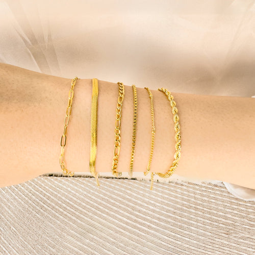 Dainty 18K Gold Plated Bracelet Chains: Figaro, Box, Herringbone, Rope - Set of 6