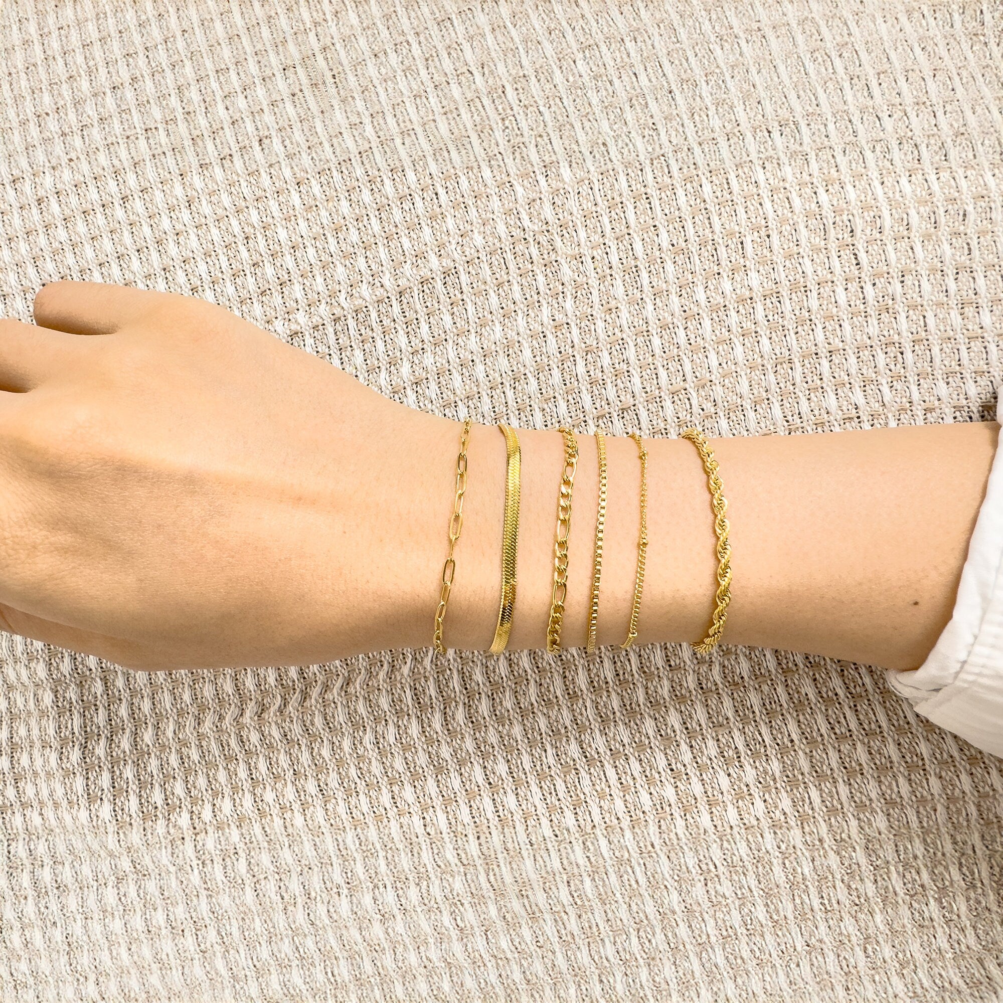 Dainty 18K Gold Plated Bracelet Chains: Figaro, Box, Herringbone, Rope - Set of 6