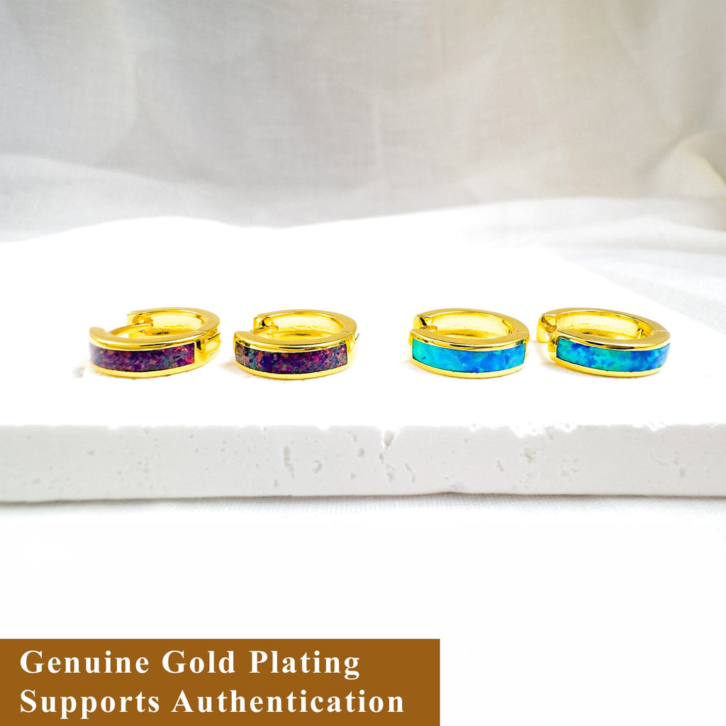 Opal Huggie Hoop Earrings: 18K Gold Sterling Silver Inlay