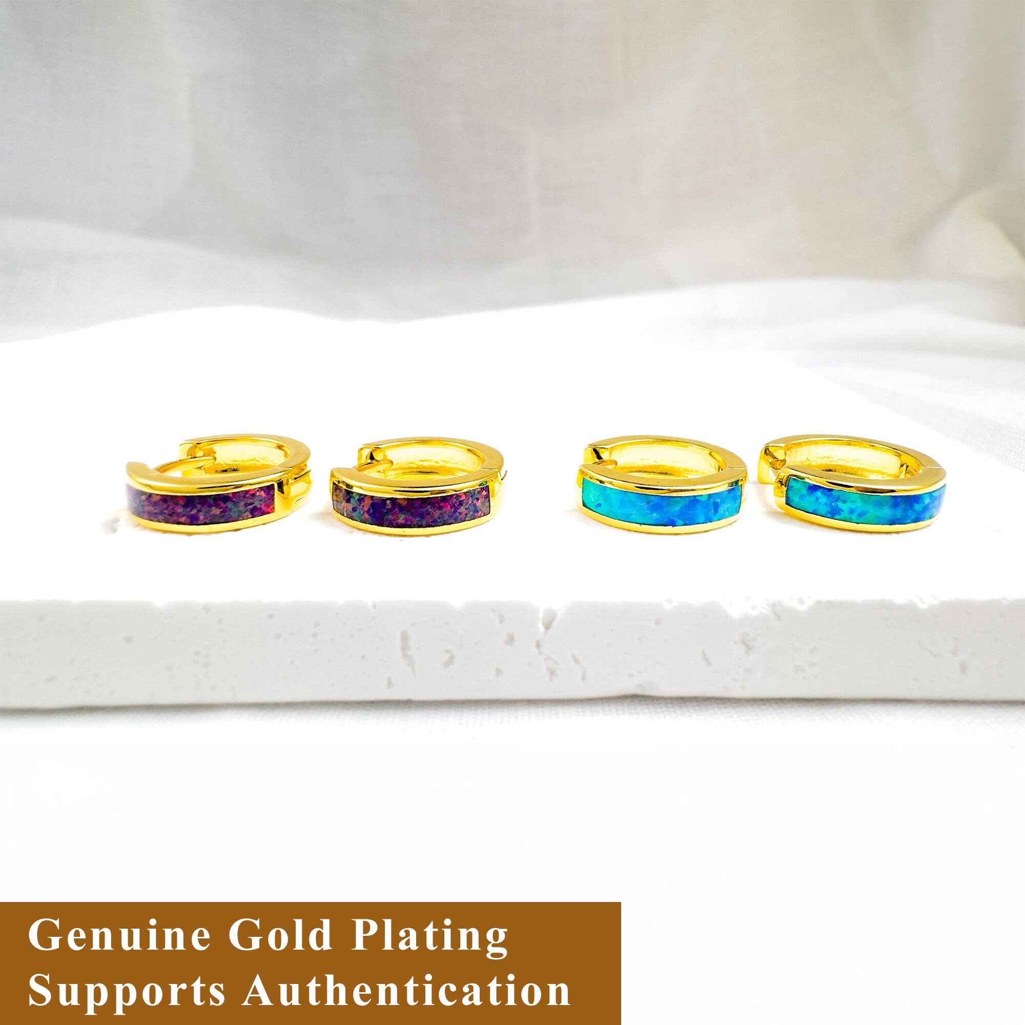 Opal Huggie Hoop Earrings: 18K Gold Sterling Silver Inlay