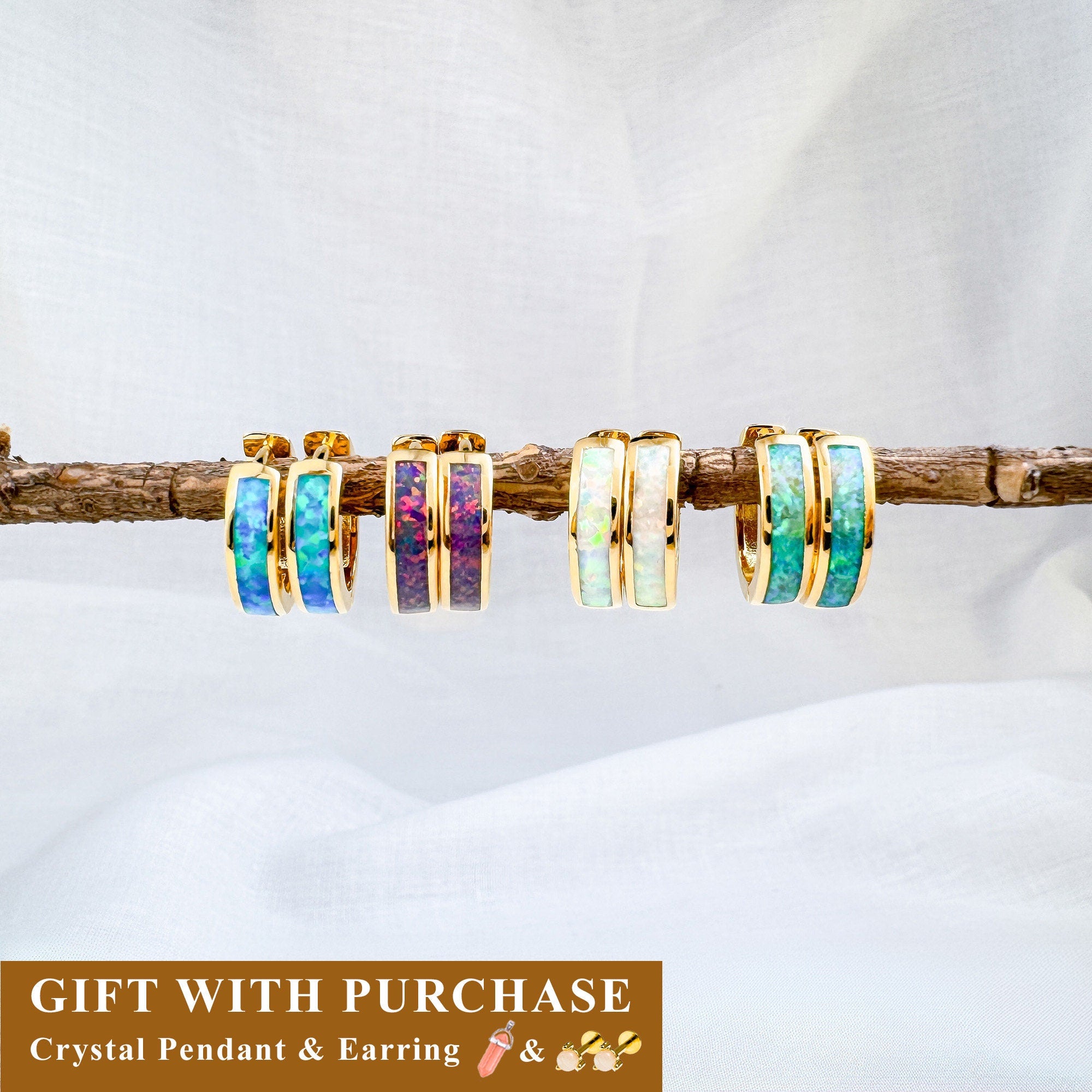 Opal Huggie Hoop Earrings: 18K Gold Sterling Silver Inlay