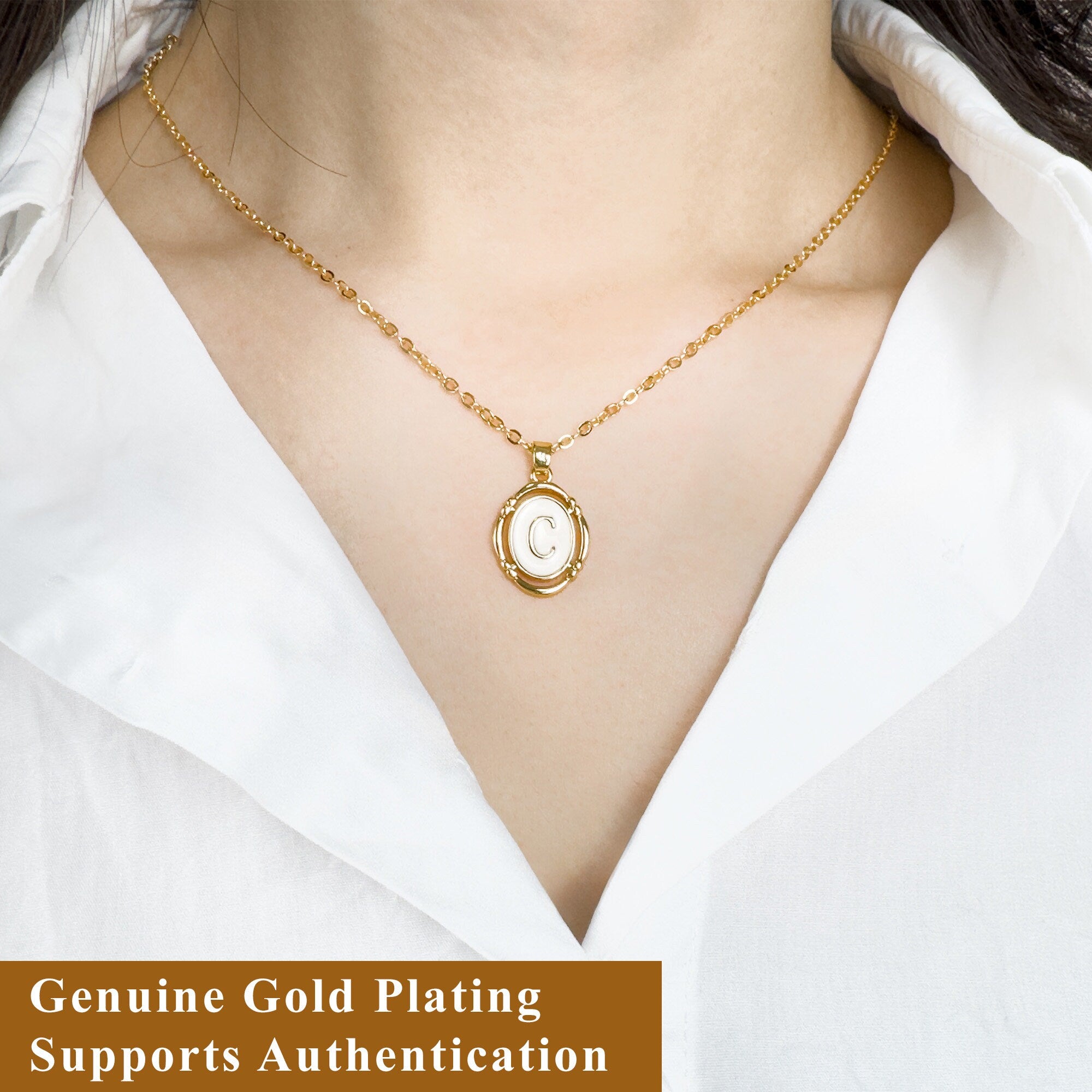 Dainty Initial Signet Pendant Necklace , 18K Gold Plated onalized Monogram Name Tiny Oval Letter Necklace White Enamel & Gold Charm Necklace
