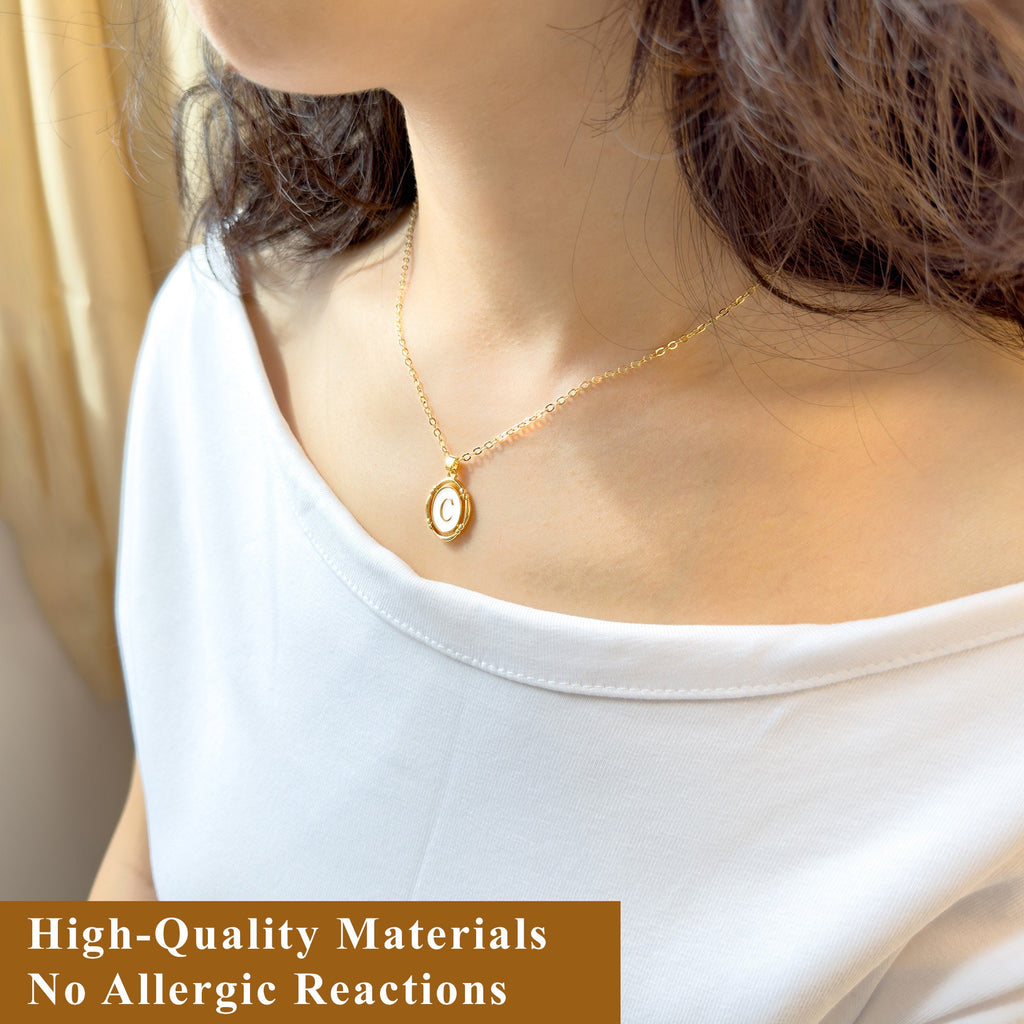 Dainty Initial Signet Pendant Necklace , 18K Gold Plated onalized Monogram Name Tiny Oval Letter Necklace White Enamel & Gold Charm Necklace