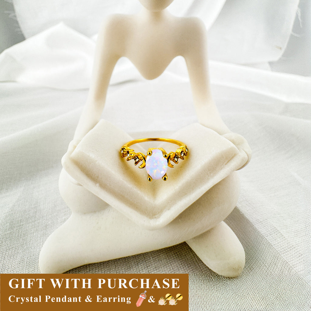 White Opal Ring: Emerald Cut, 18k Gold Plated Sterling Silver