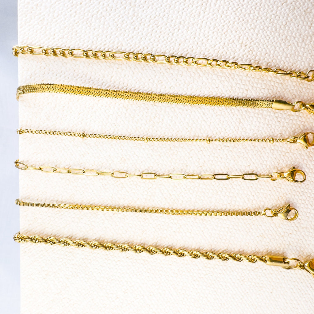 Dainty 18K Gold Plated Bracelet Chains: Figaro, Box, Herringbone, Rope - Set of 6