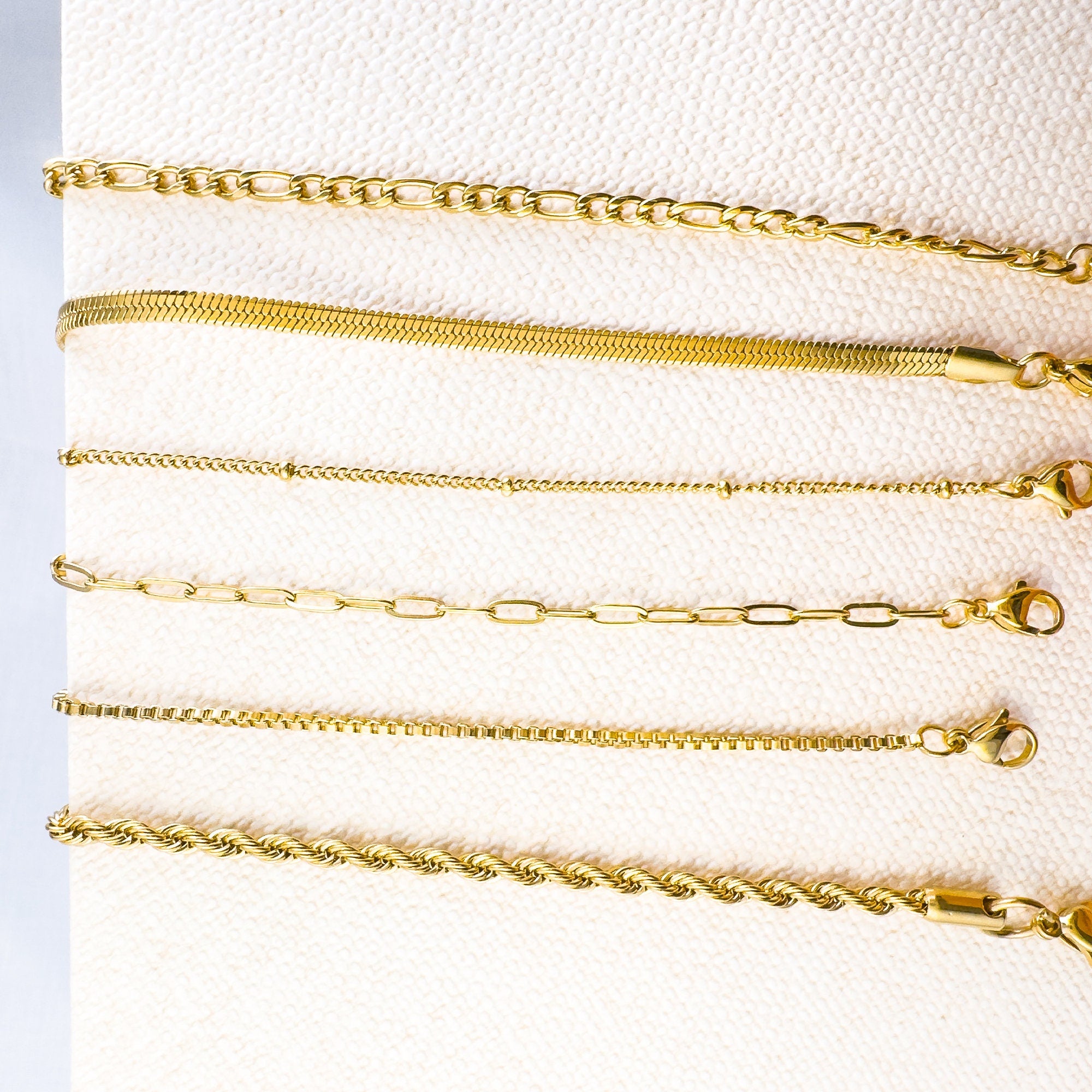 Dainty 18K Gold Plated Bracelet Chains: Figaro, Box, Herringbone, Rope - Set of 6