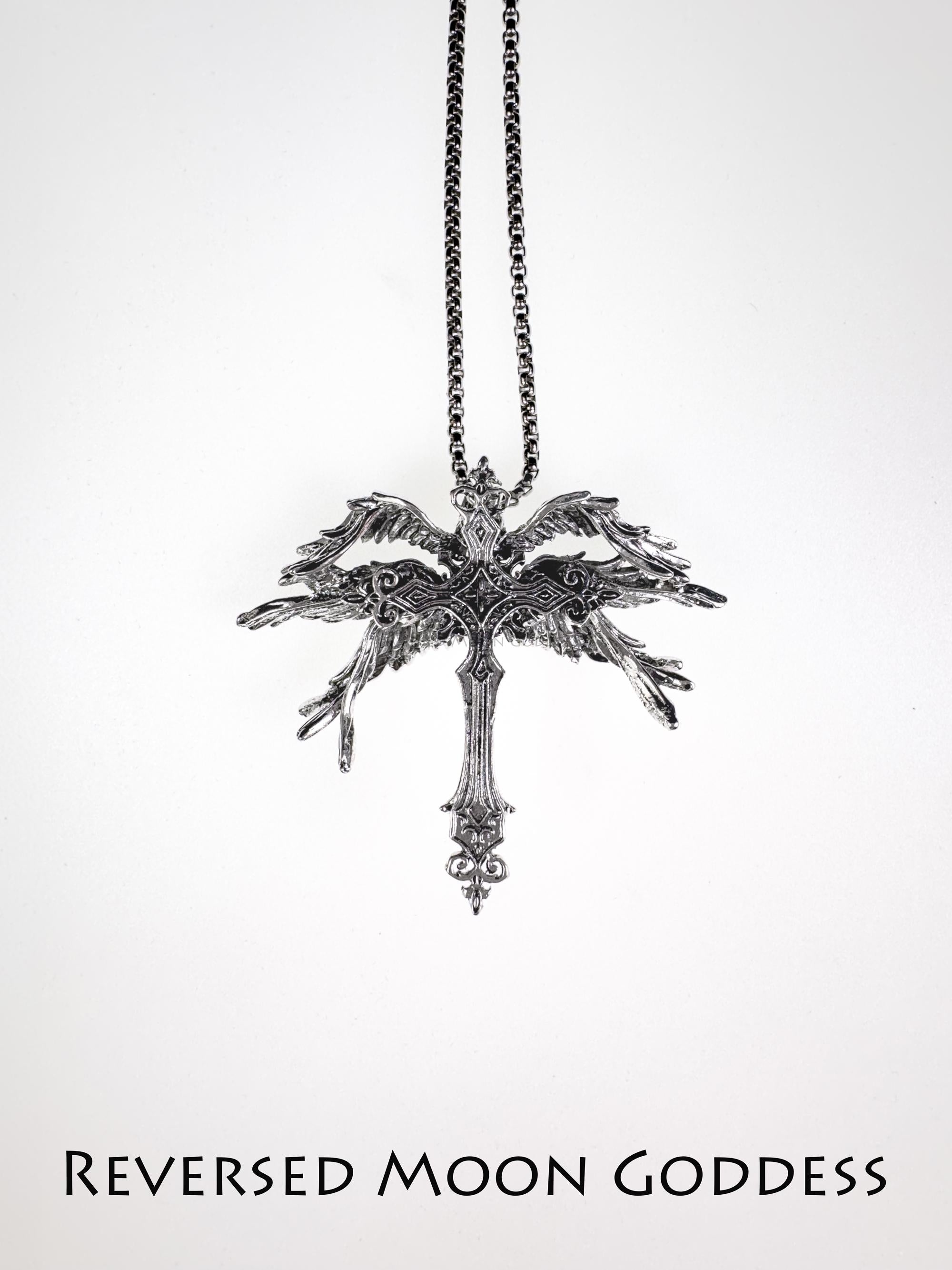 Angel Wing Cross Necklace: Gothic Y2K Silver Pendant
