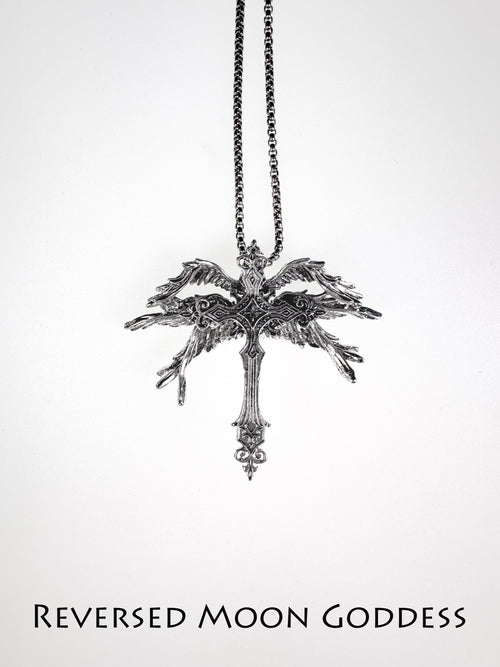 Angel Wing Cross Necklace: Gothic Y2K Silver Pendant