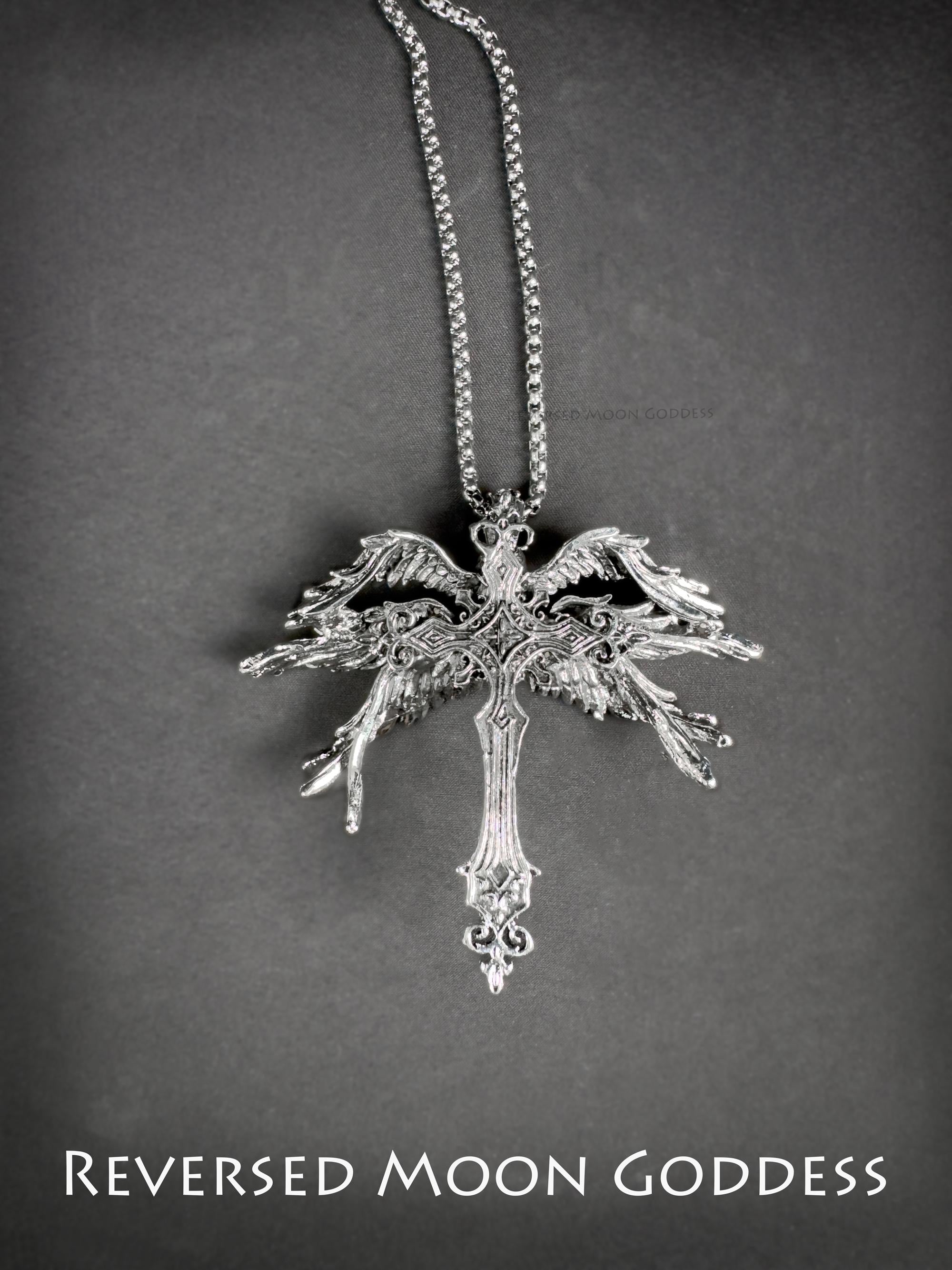 Angel Wing Cross Necklace: Gothic Y2K Silver Pendant