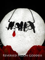 Gothic Black Crows Necklace, Murder of Crows Pendant with Red Crystal, Raven in Night Sky Charm, Memento Mori Jewelry, Dark Fantasy Gift