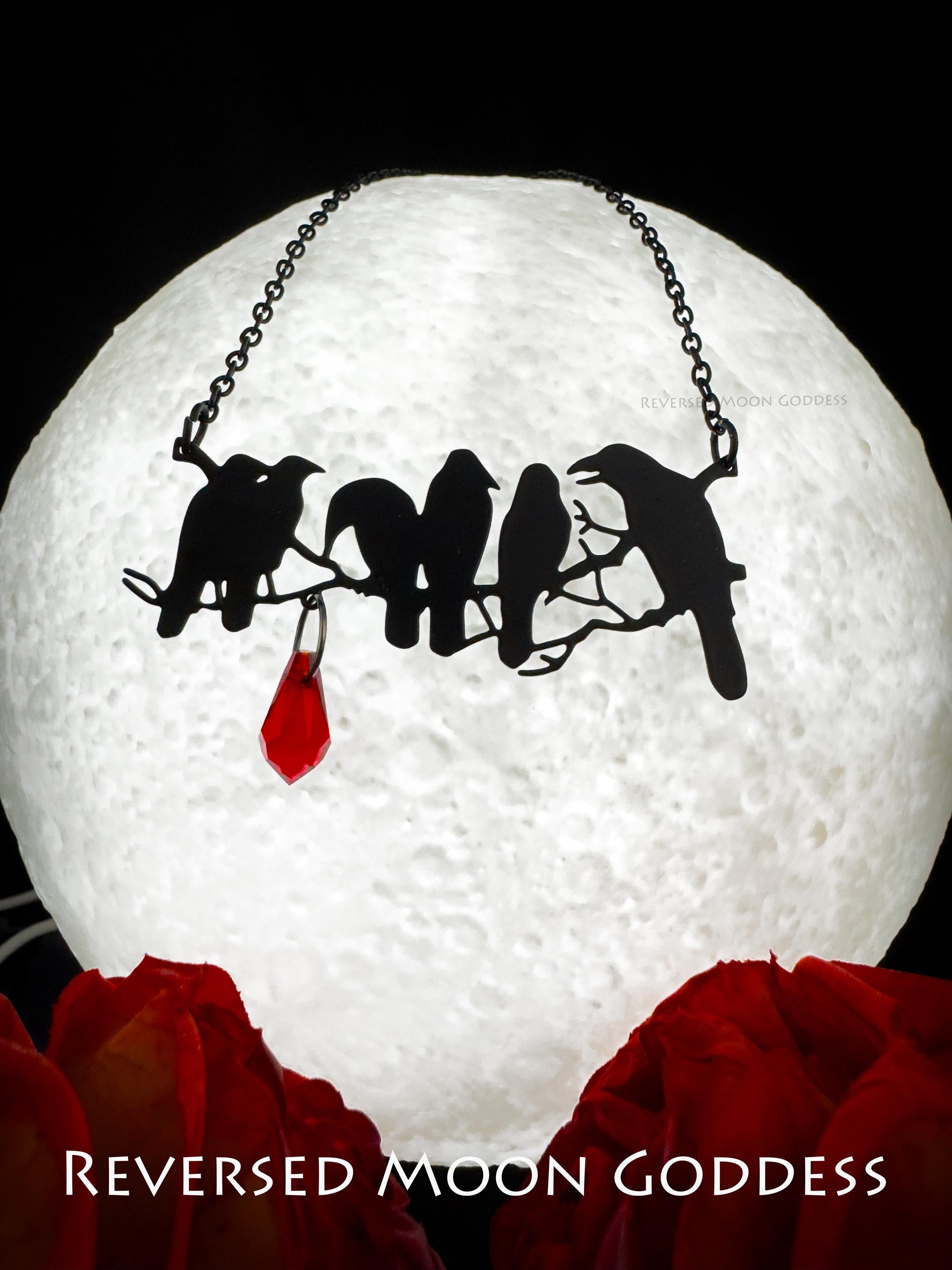 Gothic Black Crows Necklace, Murder of Crows Pendant with Red Crystal, Raven in Night Sky Charm, Memento Mori Jewelry, Dark Fantasy Gift