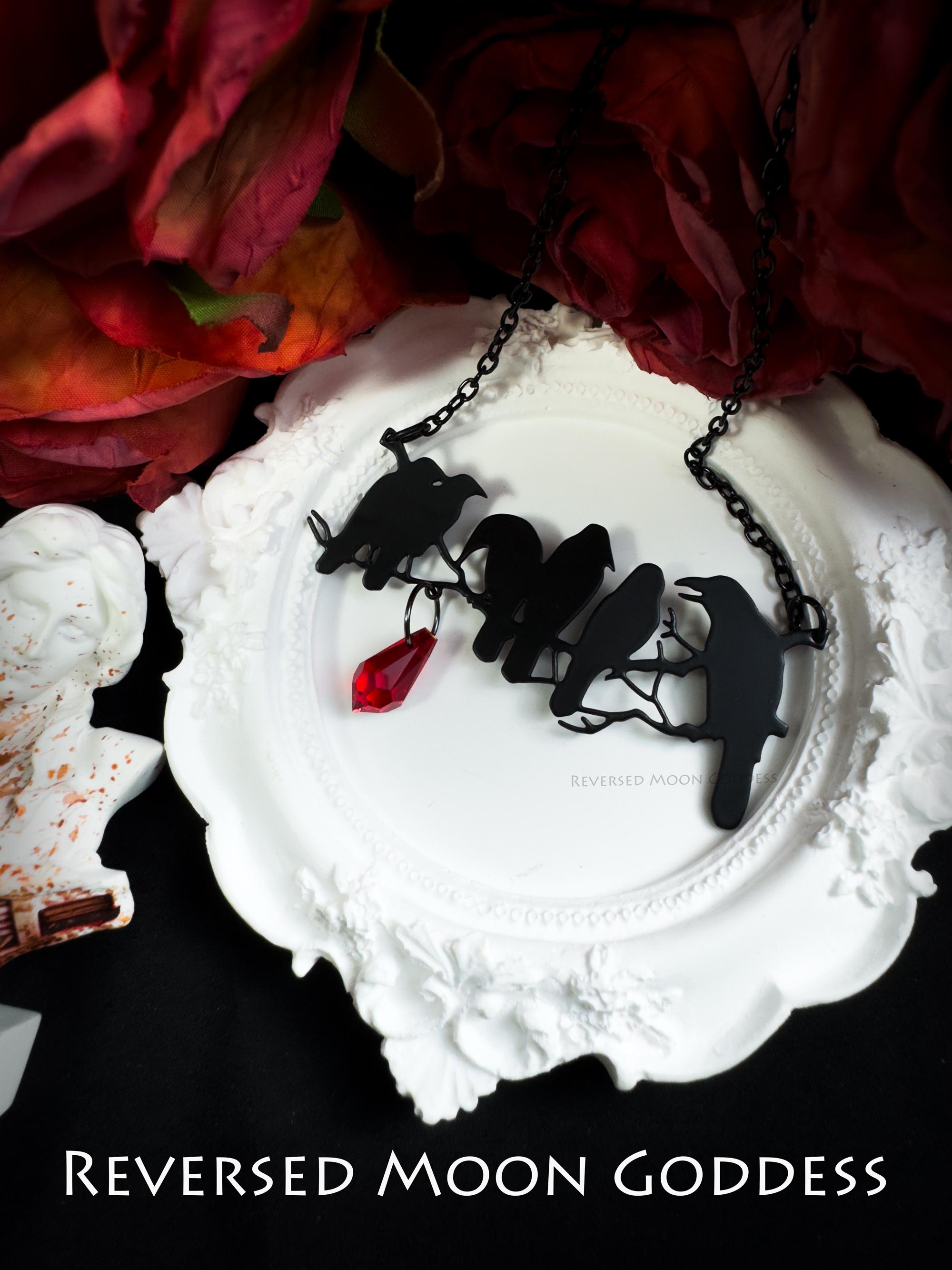 Gothic Black Crows Necklace, Murder of Crows Pendant with Red Crystal, Raven in Night Sky Charm, Memento Mori Jewelry, Dark Fantasy Gift