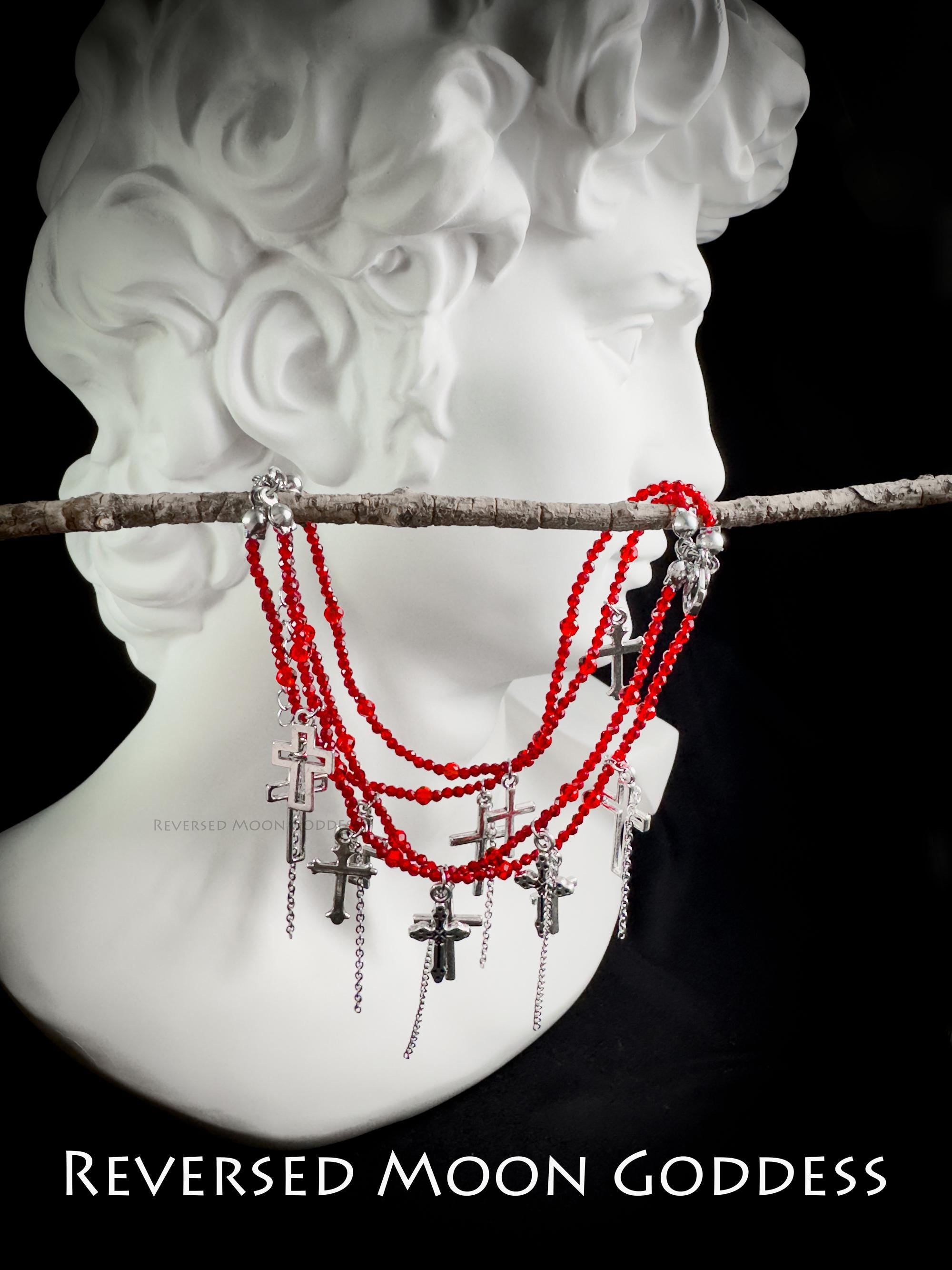 Red Junk Heaven Die Cross Necklace, Gothic Cross Pendant with Sacred Red Beads, Vintage Charm Necklace, Y2K Alternative Jewelry,Memento Gift