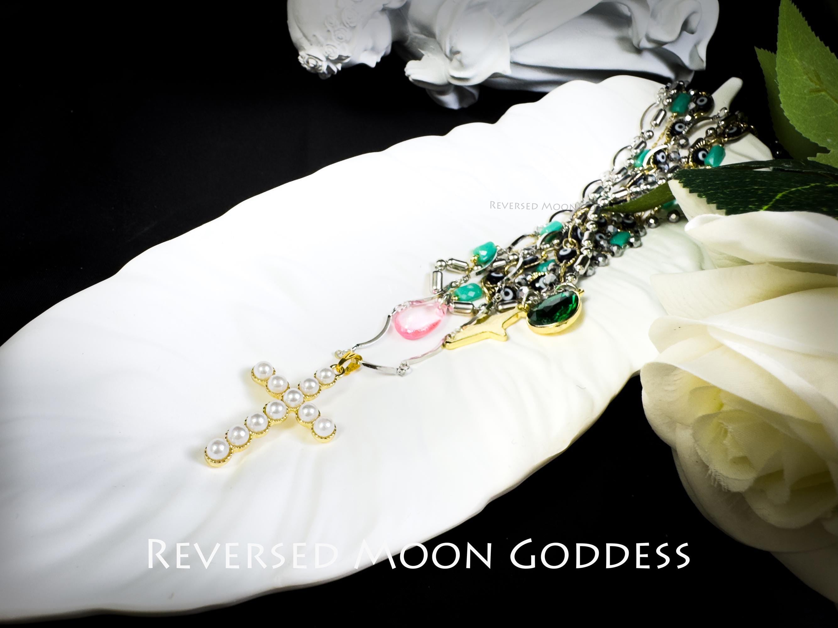 Vintage Colorful Cross Necklace , Layered Pearl Necklace , Multi-element Cross Crystals Star Accents , Religious Necklace , Goth Jewelry