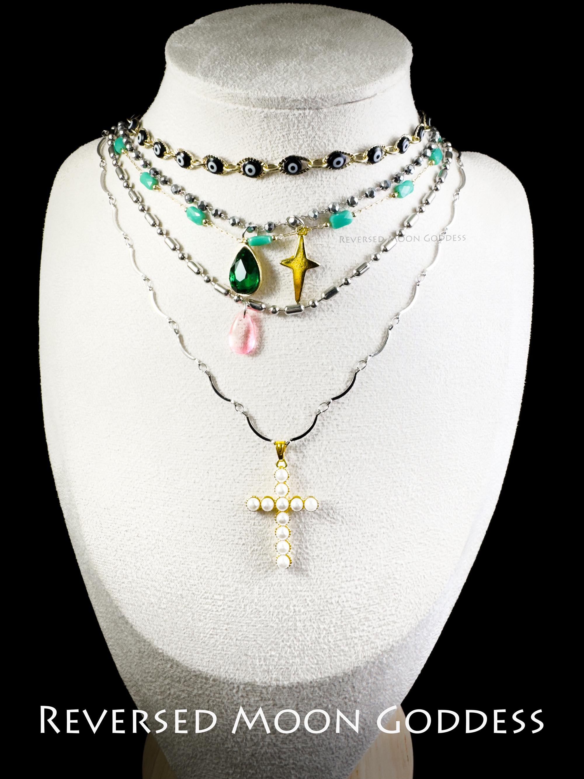 Vintage Colorful Cross Necklace , Layered Pearl Necklace , Multi-element Cross Crystals Star Accents , Religious Necklace , Goth Jewelry