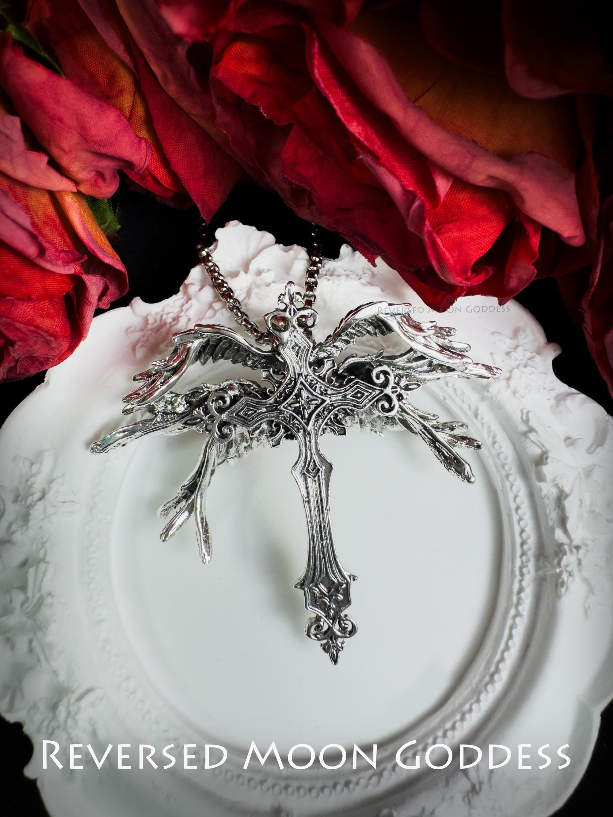 Angel Wing Cross Necklace: Gothic Y2K Silver Pendant
