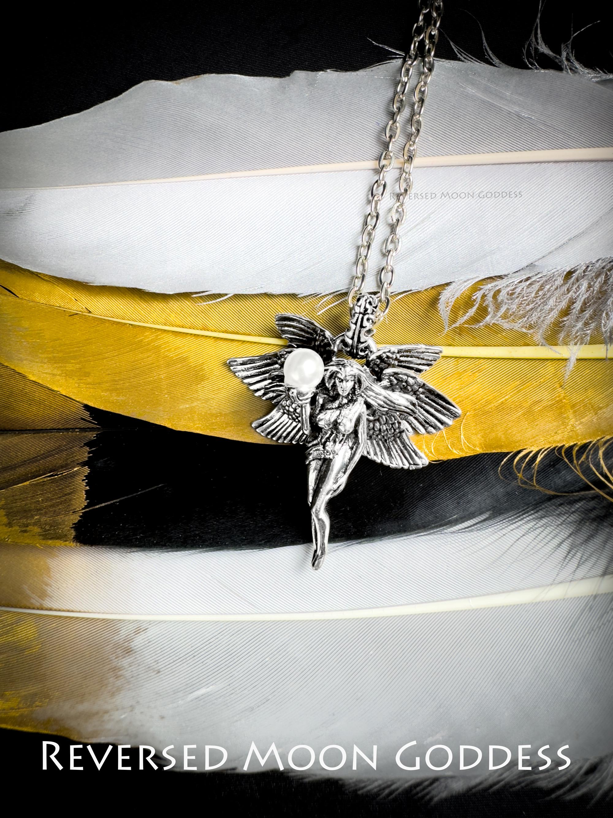 Six-Winged Angel Pearl Pendant Necklace: Gothic Seraphim Talisman