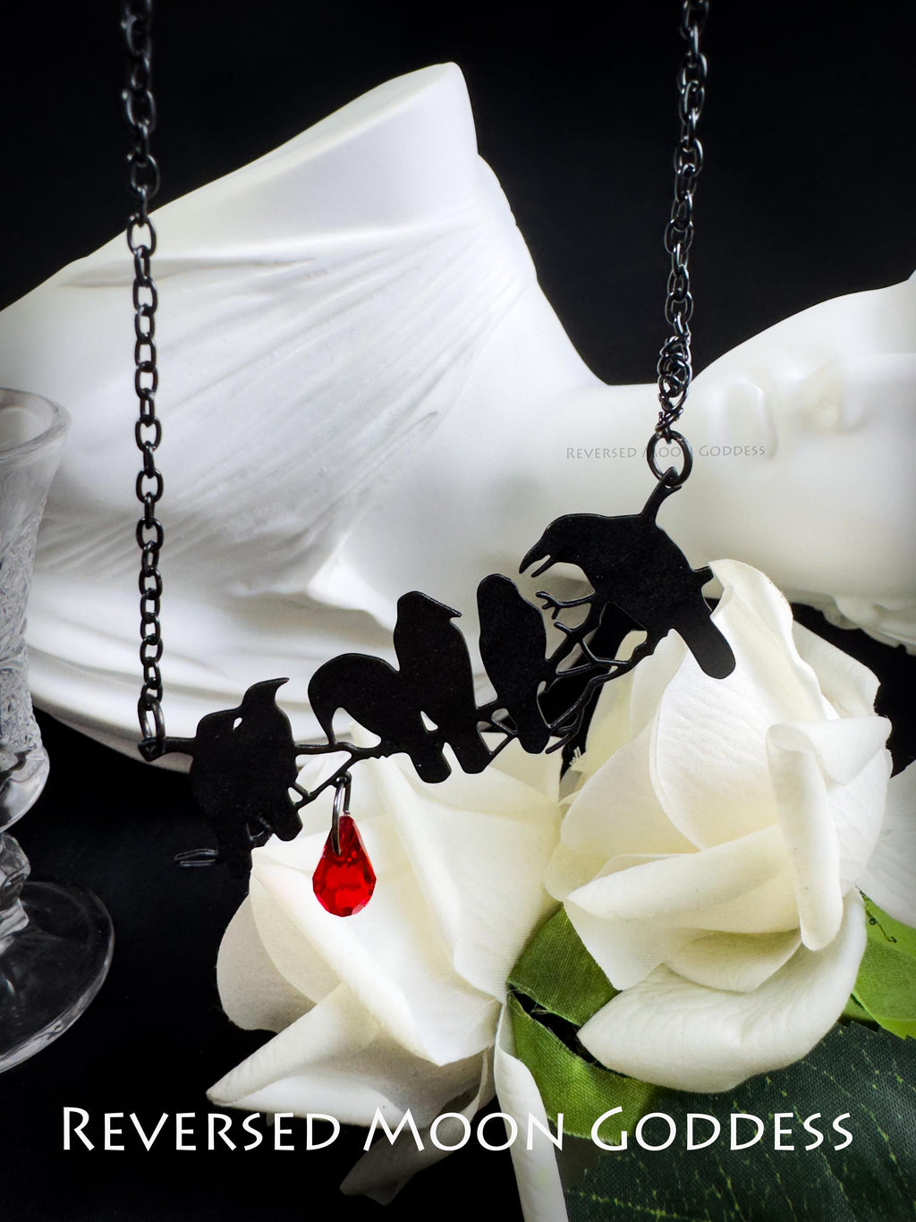 Gothic Black Crows Necklace, Murder of Crows Pendant with Red Crystal, Raven in Night Sky Charm, Memento Mori Jewelry, Dark Fantasy Gift