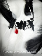 Gothic Black Crows Necklace, Murder of Crows Pendant with Red Crystal, Raven in Night Sky Charm, Memento Mori Jewelry, Dark Fantasy Gift