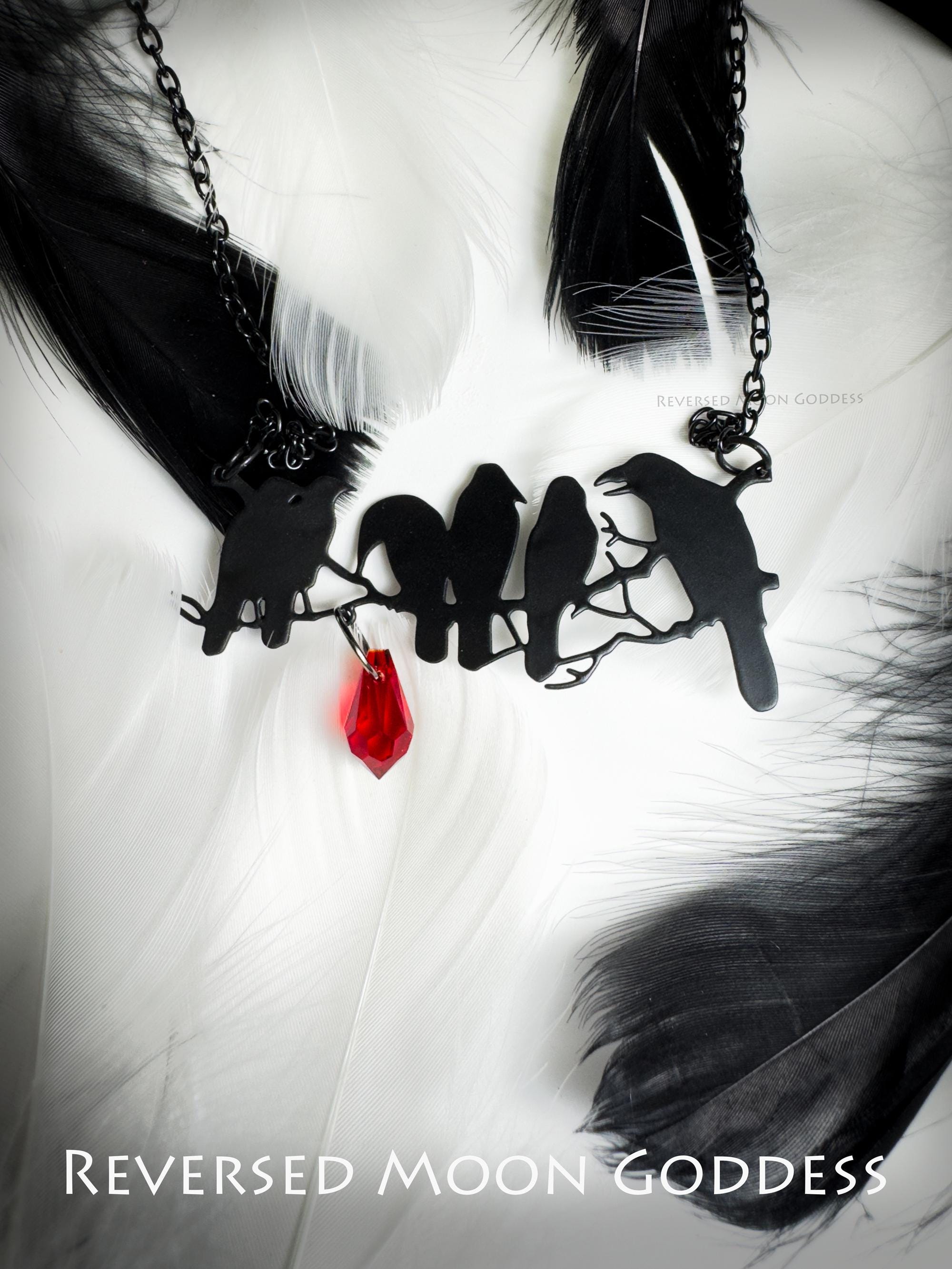 Gothic Black Crows Necklace, Murder of Crows Pendant with Red Crystal, Raven in Night Sky Charm, Memento Mori Jewelry, Dark Fantasy Gift