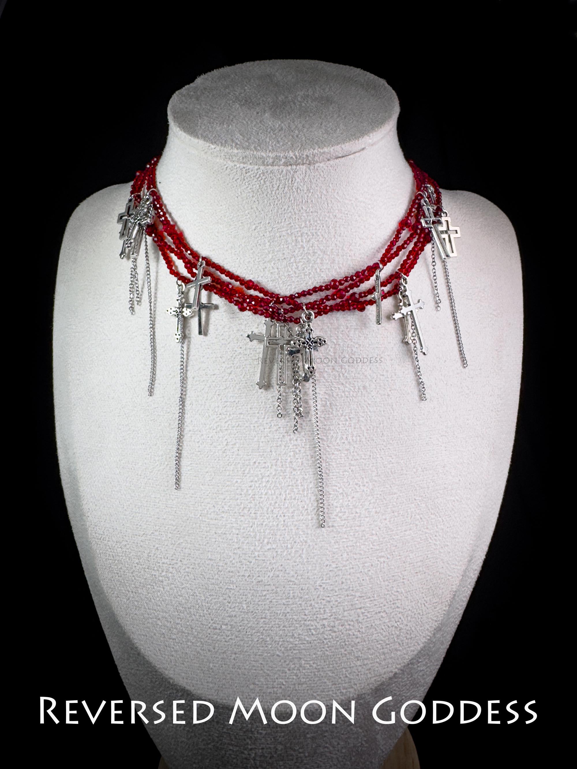 Red Junk Heaven Die Cross Necklace, Gothic Cross Pendant with Sacred Red Beads, Vintage Charm Necklace, Y2K Alternative Jewelry,Memento Gift