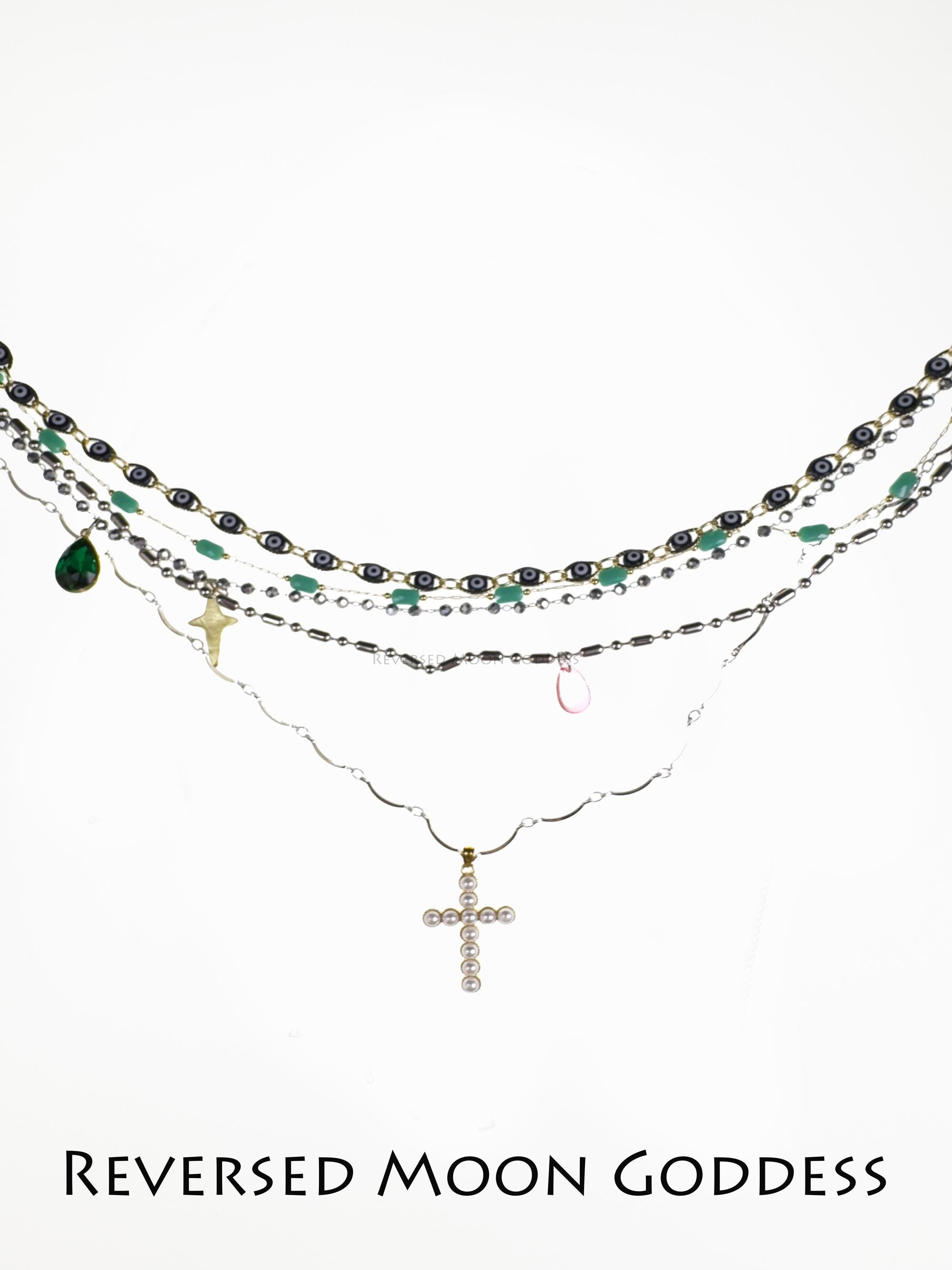 Vintage Colorful Cross Necklace , Layered Pearl Necklace , Multi-element Cross Crystals Star Accents , Religious Necklace , Goth Jewelry