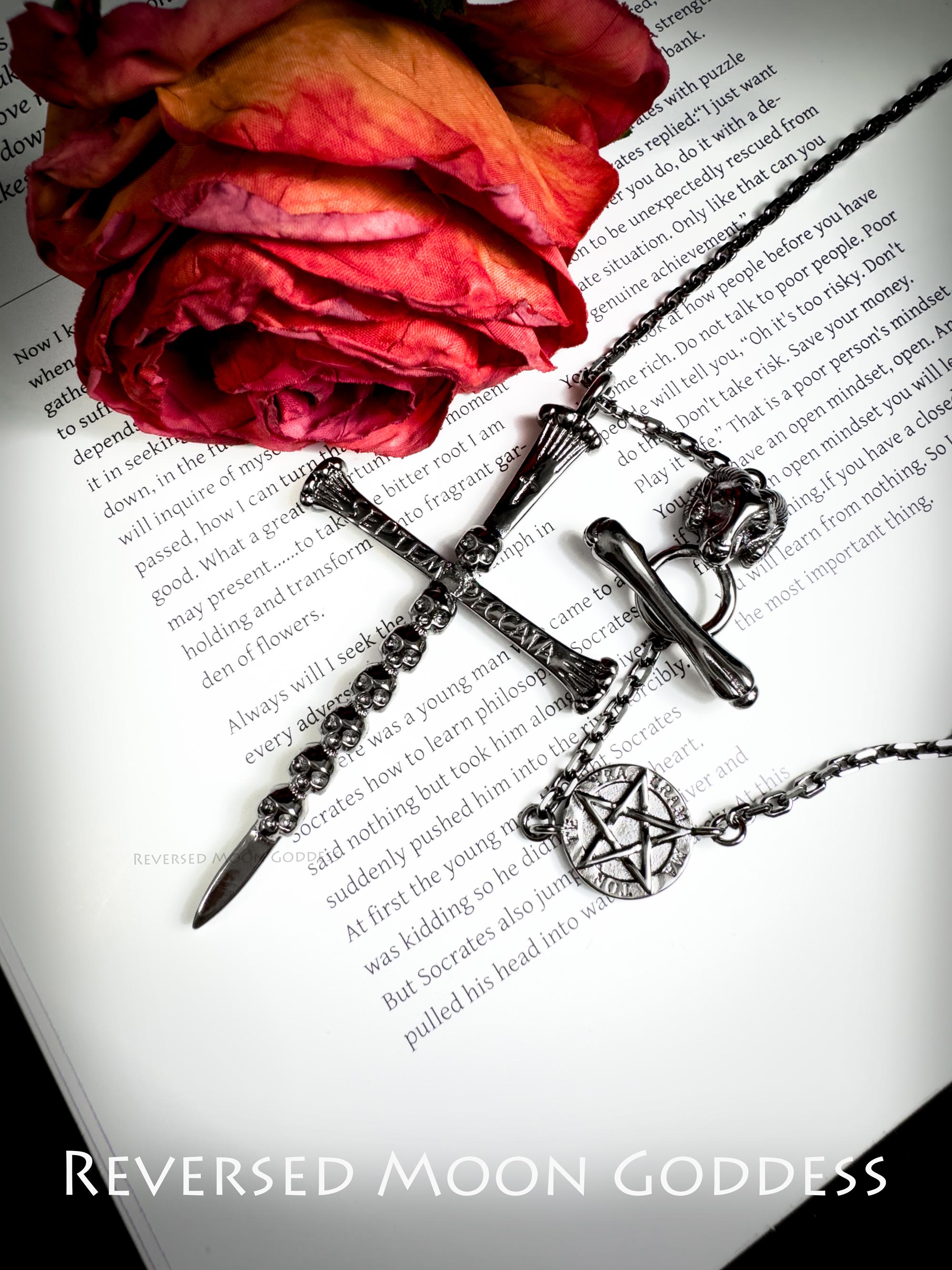 Gothic Cross Necklace: Skull Sword Pendant, Seven Deadly Sins Amulet