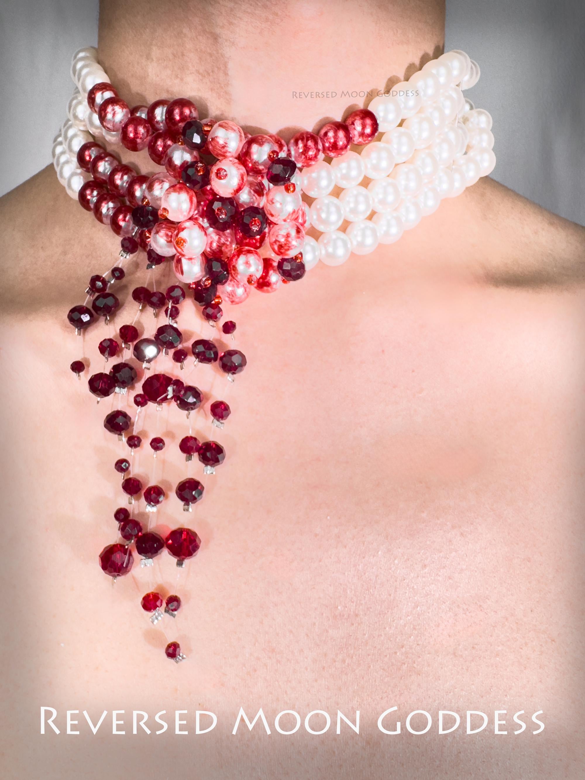 Gothic Bloody Pearl Necklace , Halloween Vampire Jewelry , Multilayer Red Blood Tassel Chains, Dripping Pearls , Creative Horror Accessories
