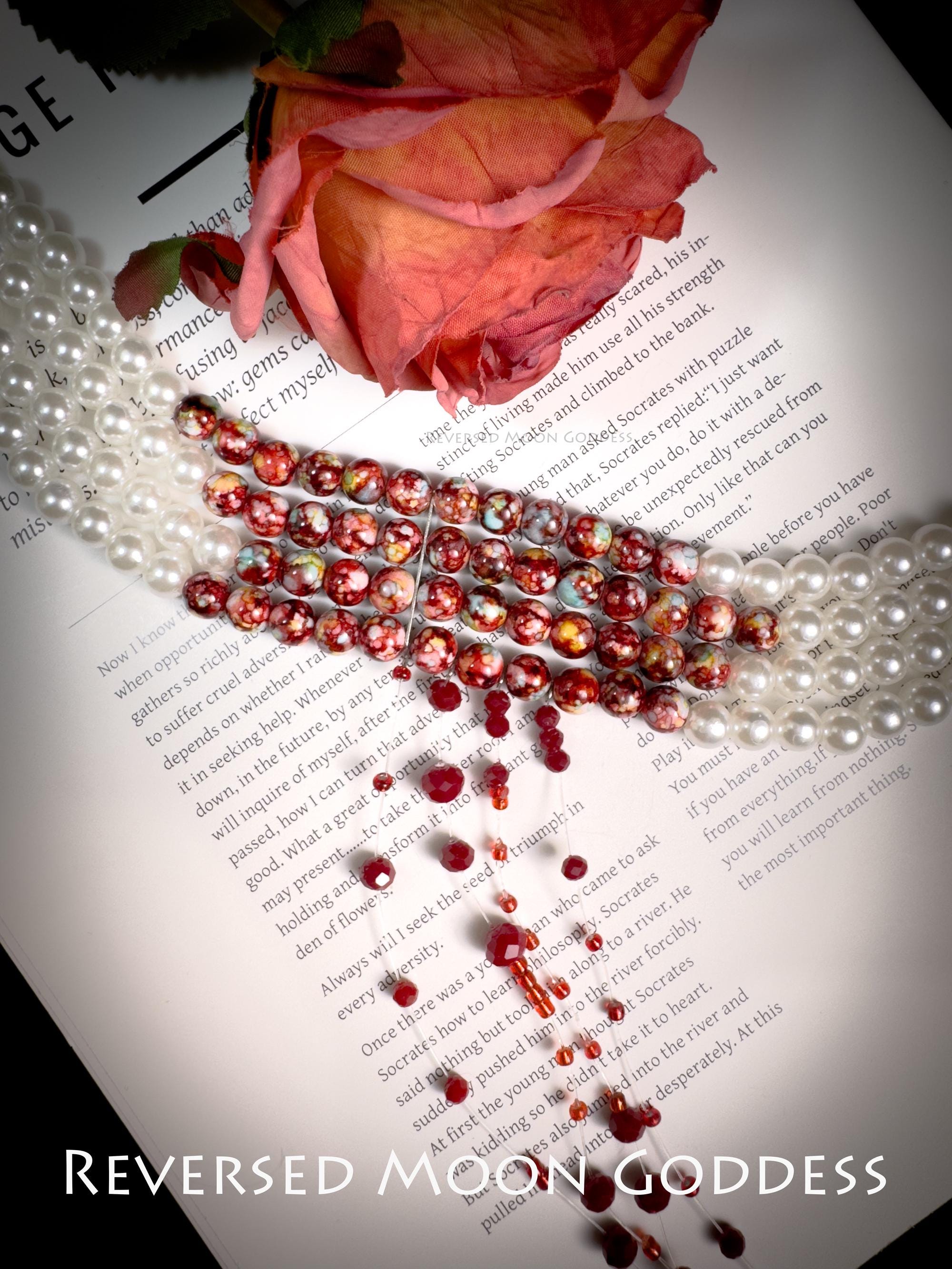 Gothic Blood Pearl Necklace, Halloween Vampire Adornment, Multi-Layer Red Tassel Chains, Swinging Pearls, Innovative Spooky Accessories