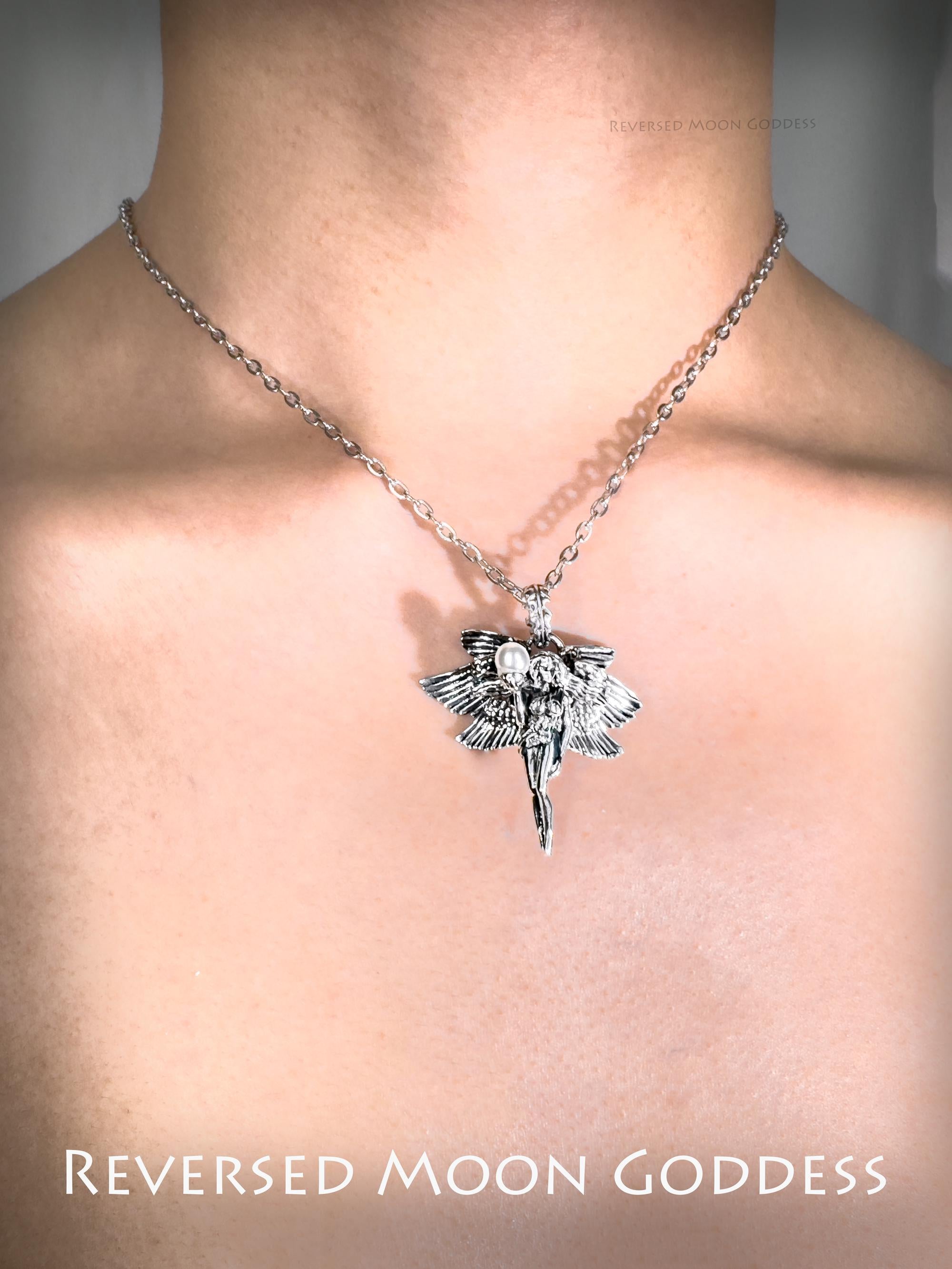 Six-Winged Angel Pearl Pendant Necklace: Gothic Seraphim Talisman