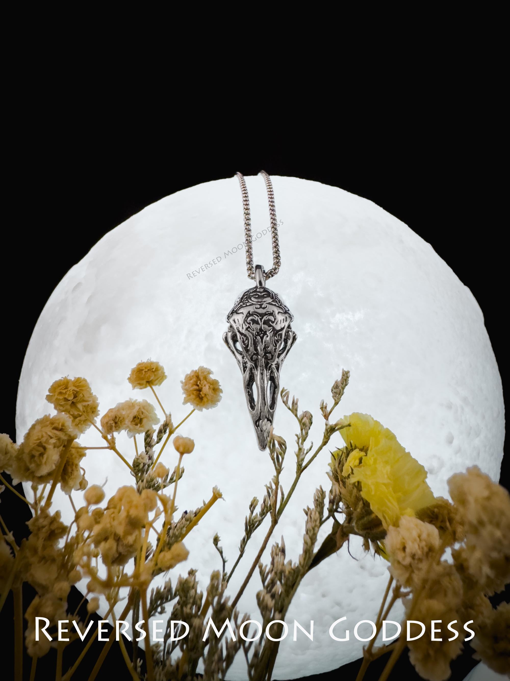 Raven Skull Necklace, Gothic Crow Skull Pendant, Dark Fantasy Bird Skull Jewelry for Alternative Punk Style, Memento Mori Gift for Gothic