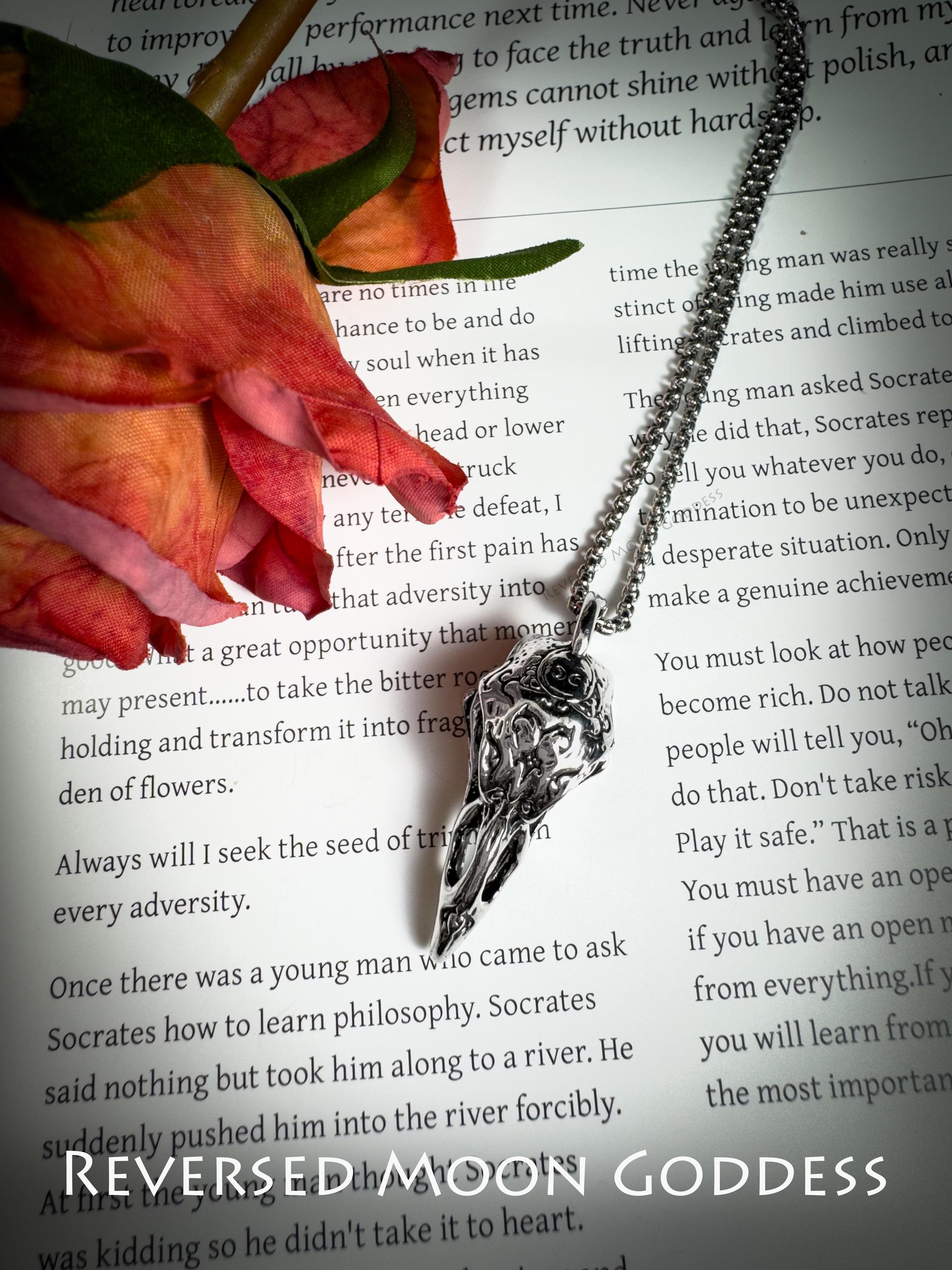 Raven Skull Necklace, Gothic Crow Skull Pendant, Dark Fantasy Bird Skull Jewelry for Alternative Punk Style, Memento Mori Gift for Gothic