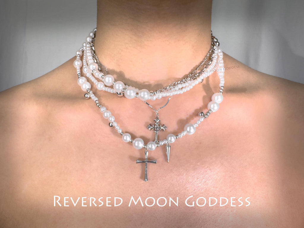 Vintage Gothic Pearl Cross Necklace: Italian Medallion, Crystal Star Pendant