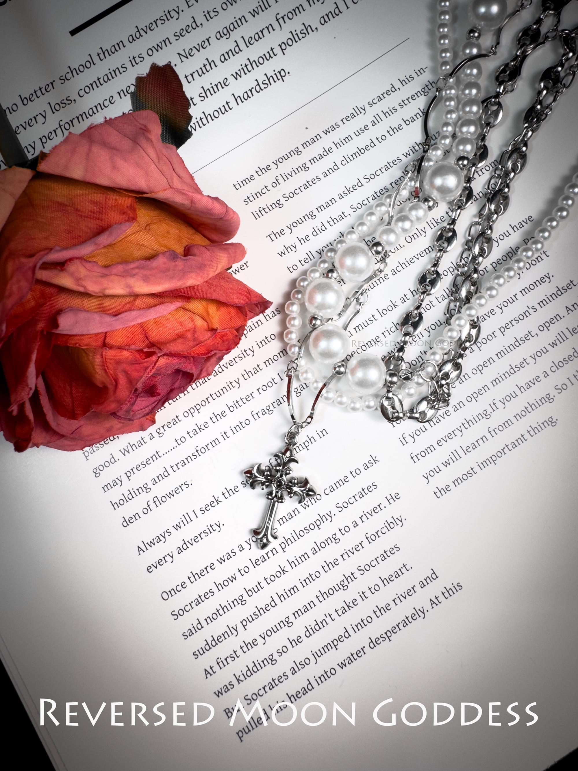 Vintage Gothic Pearl Cross Necklace: Italian Medallion, Crystal Star Pendant