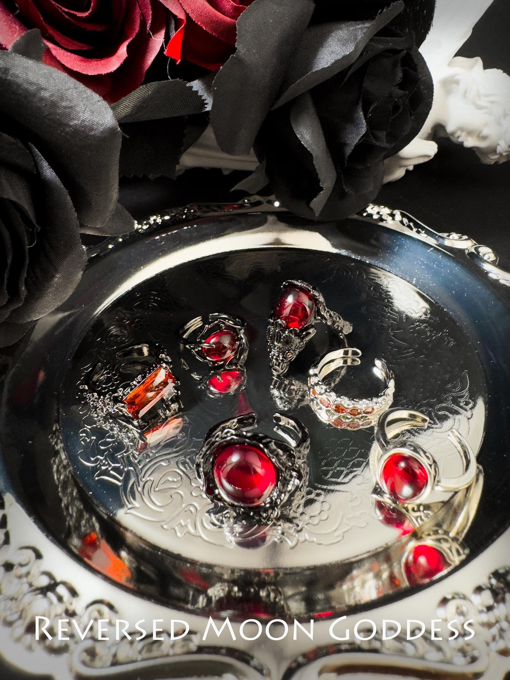 Crimson Crystal Ring Set: Gothic Titanium Steel Adjustable Rings