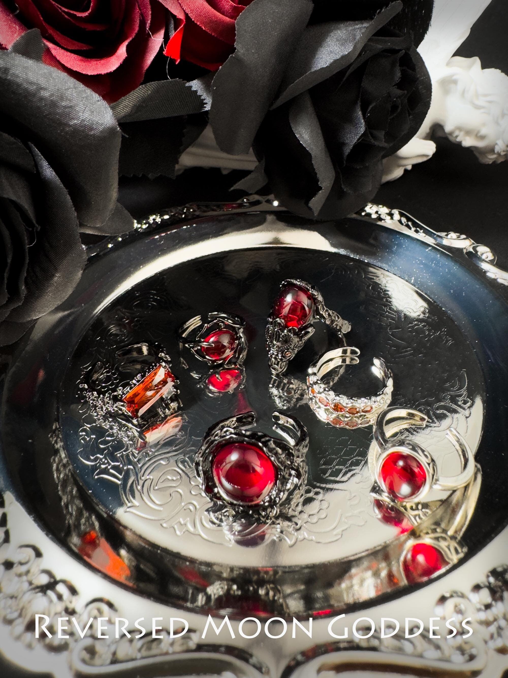Crimson Crystal Ring Set: Gothic Titanium Steel Adjustable Rings