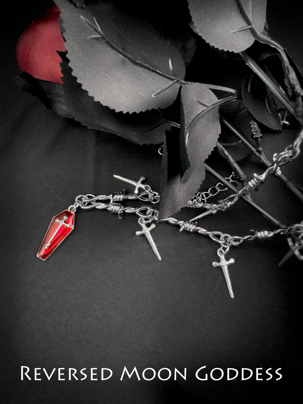 Gothic Coffin Cross Necklace with Broken Sword Pendant, Red Enamel Jewelry, Vintage Unisex Adjustable Gothic Necklace for Halloween & Gifts