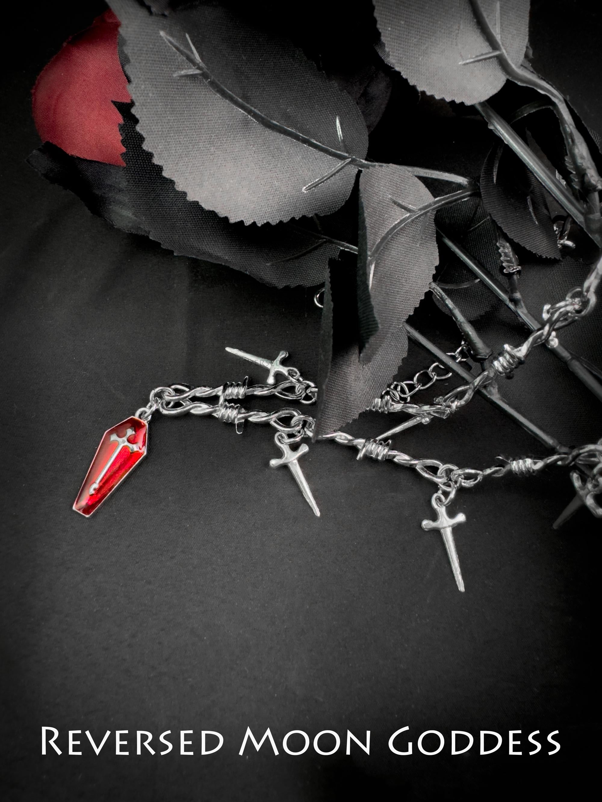 Gothic Coffin Cross Necklace with Broken Sword Pendant, Red Enamel Jewelry, Vintage Unisex Adjustable Gothic Necklace for Halloween & Gifts