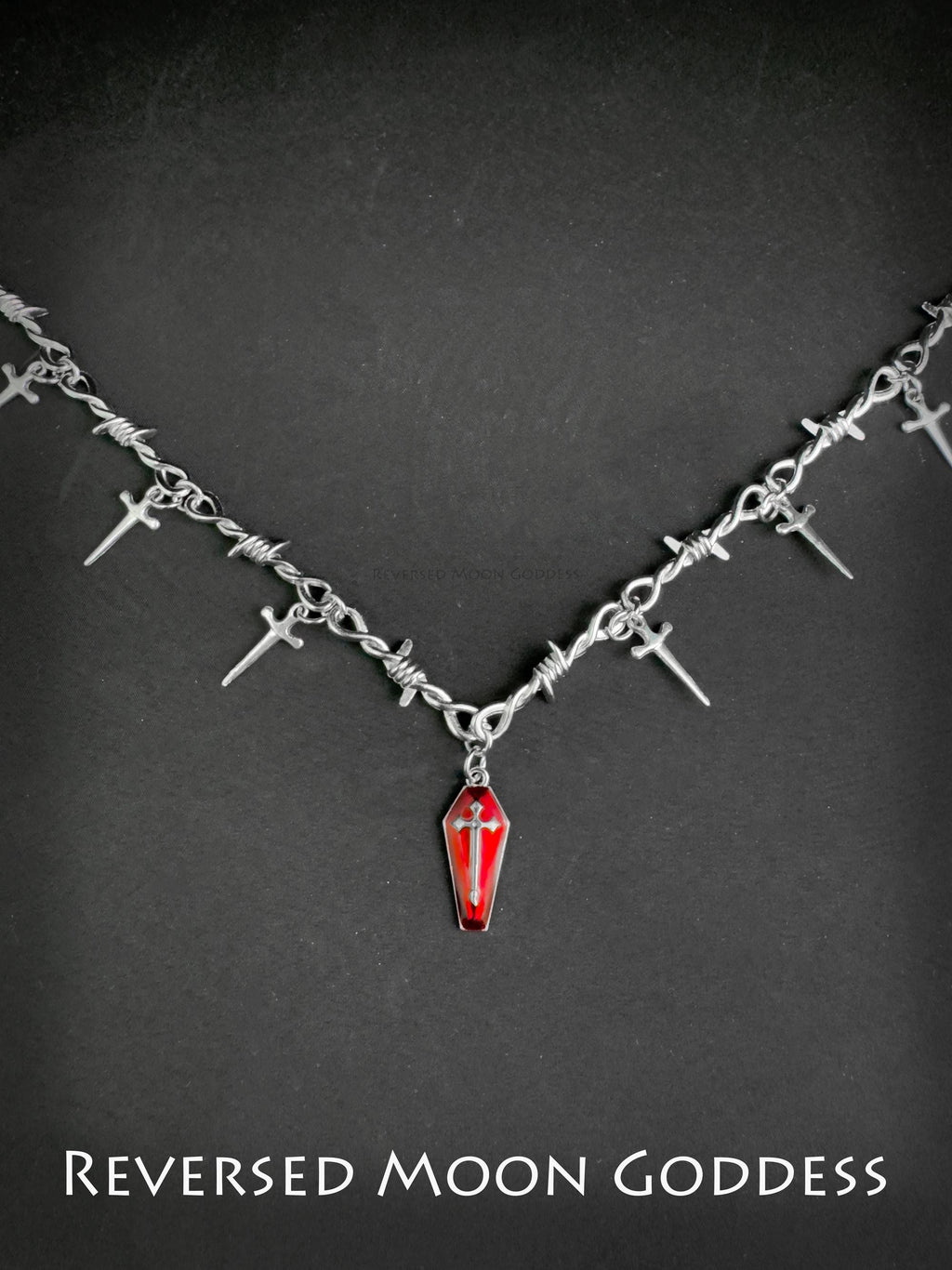 Gothic Coffin Cross Necklace with Broken Sword Pendant, Red Enamel Jewelry, Vintage Unisex Adjustable Gothic Necklace for Halloween & Gifts