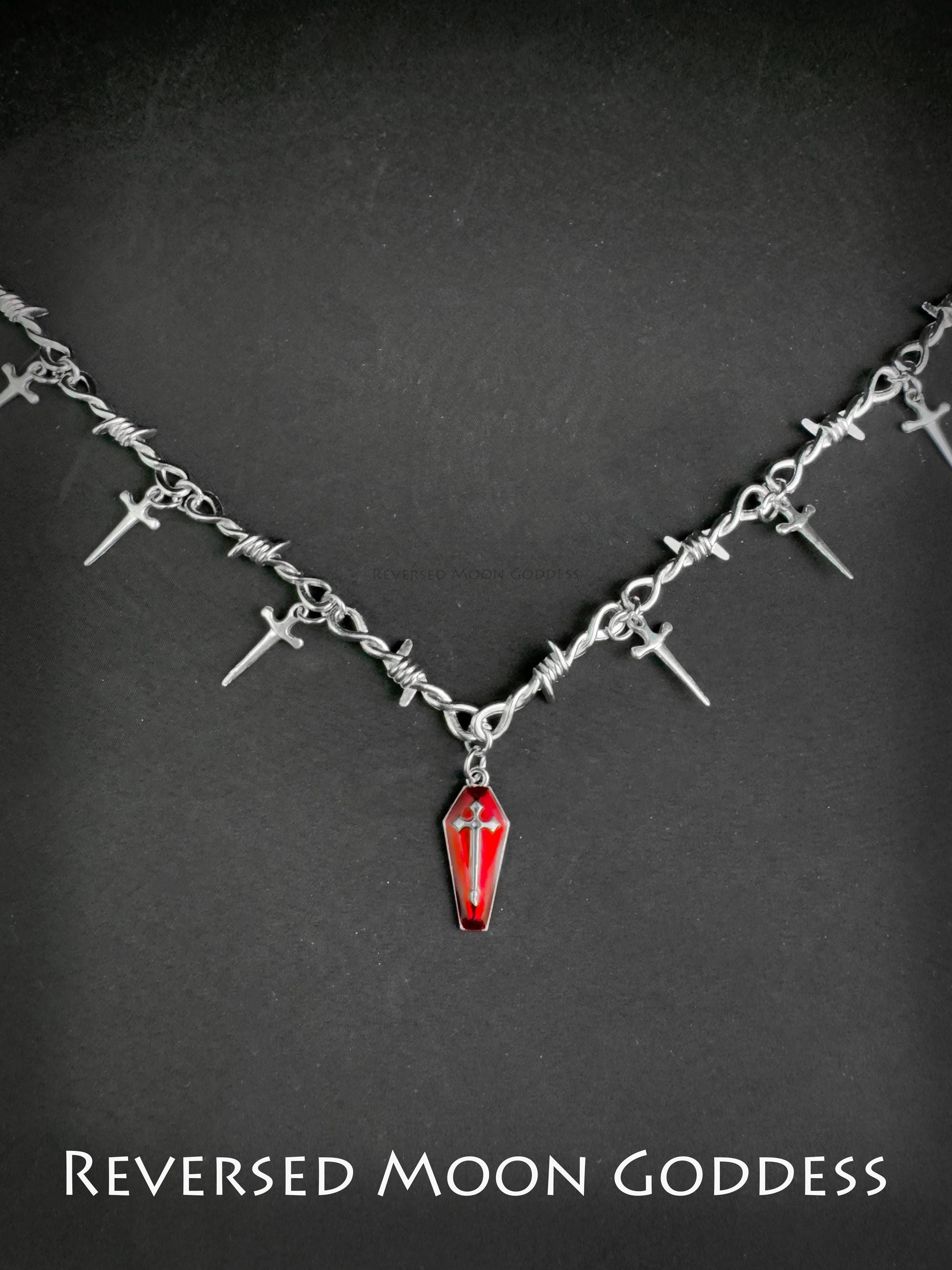 Gothic Coffin Cross Necklace with Broken Sword Pendant, Red Enamel Jewelry, Vintage Unisex Adjustable Gothic Necklace for Halloween & Gifts