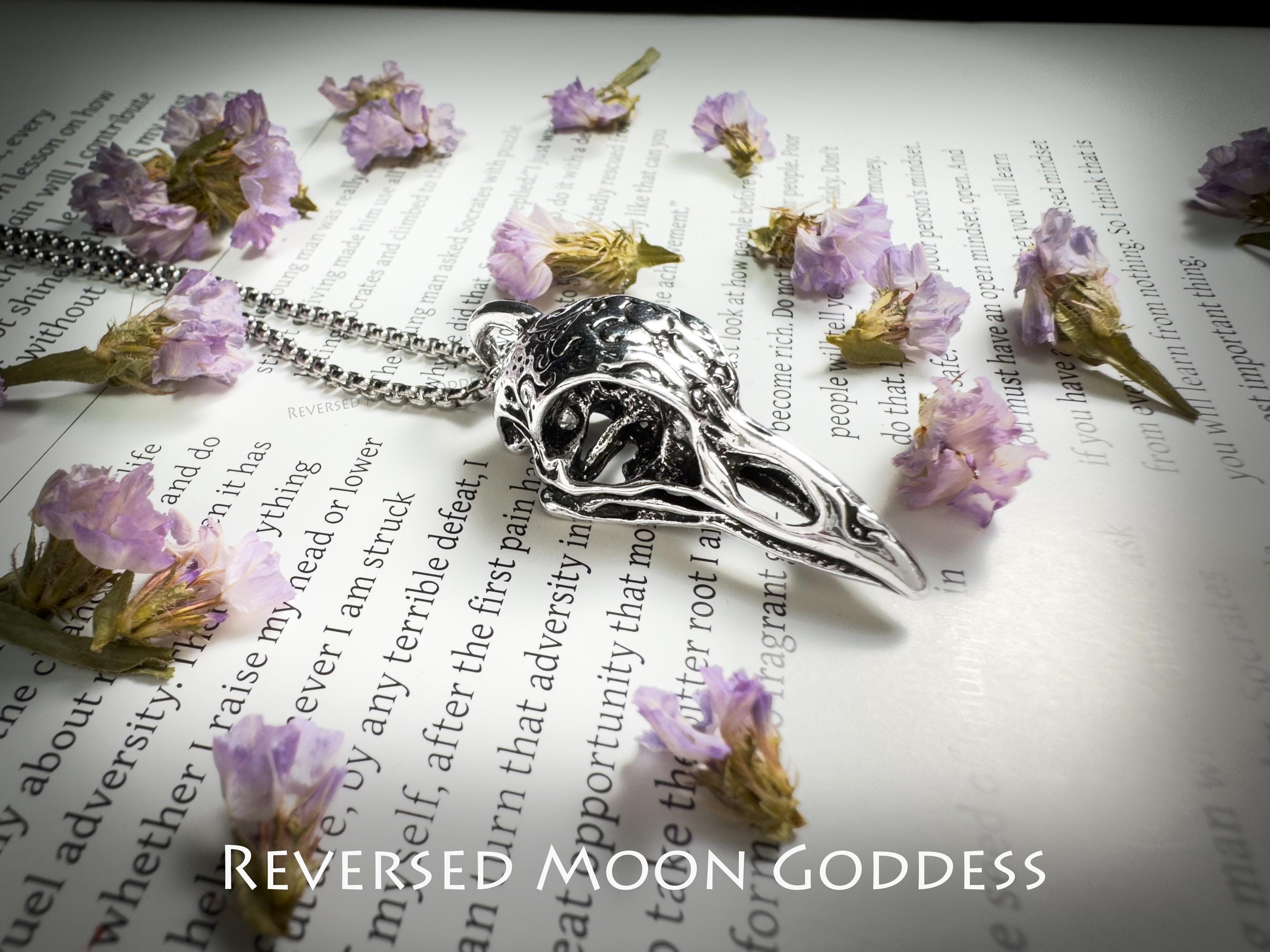 Raven Skull Necklace, Gothic Crow Skull Pendant, Dark Fantasy Bird Skull Jewelry for Alternative Punk Style, Memento Mori Gift for Gothic