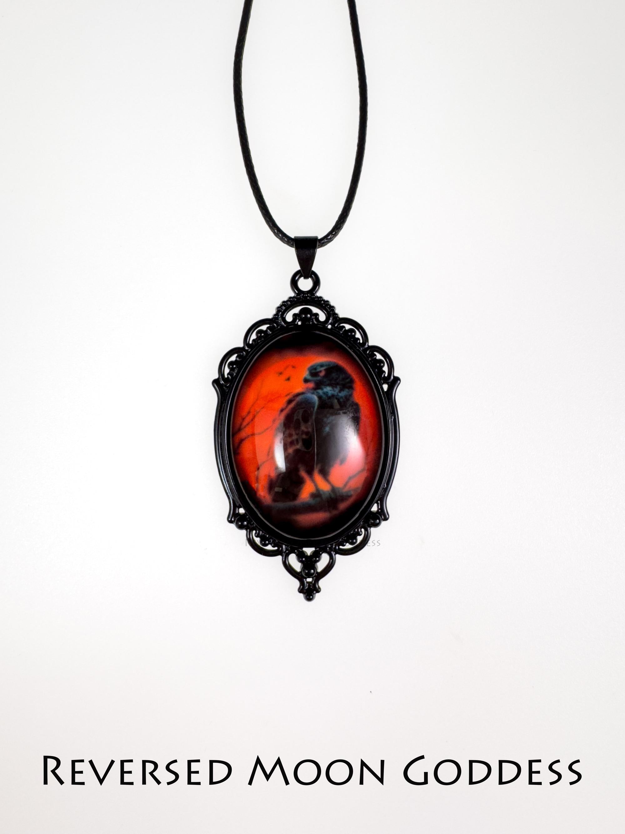 Gothic Raven Necklace with Red Moon Cameo, Handmade Glass Pendant on Adjustable Leather Cord, Vintage Occult Jewelry for Daily Wear